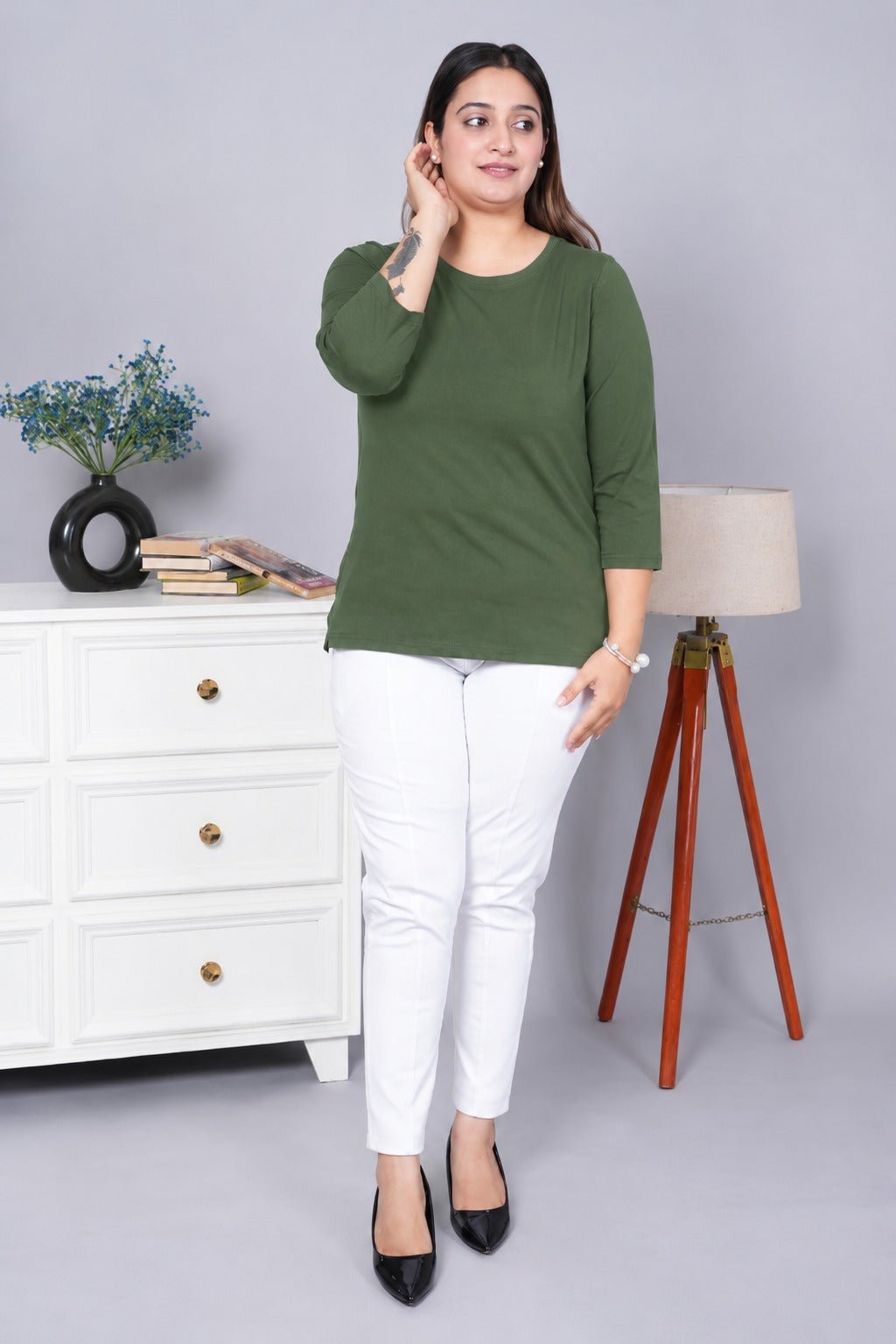 Olive Round Neck Cotton Lycra 3/4 Sleeve T Shirt -Cotton t shirt