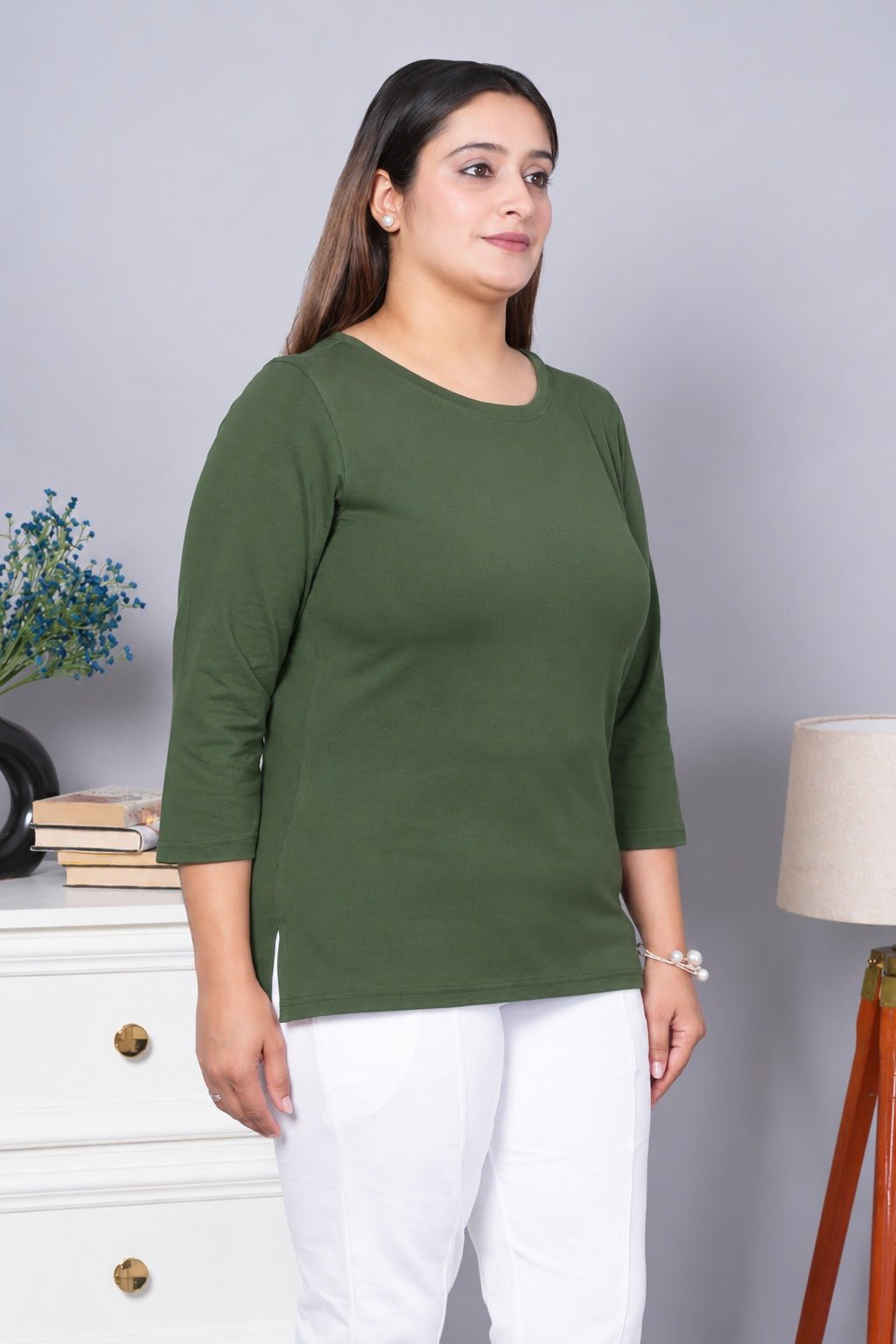Olive Round Neck Cotton Lycra 3/4 Sleeve T Shirt -Cotton t shirt