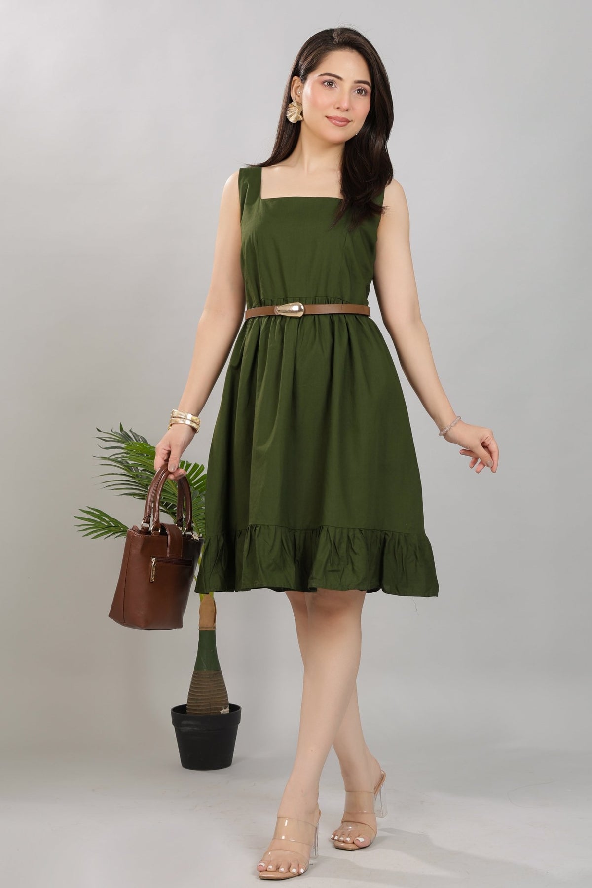 Olive square neck strap dress [100% pure cotton] -Cotton midi dress