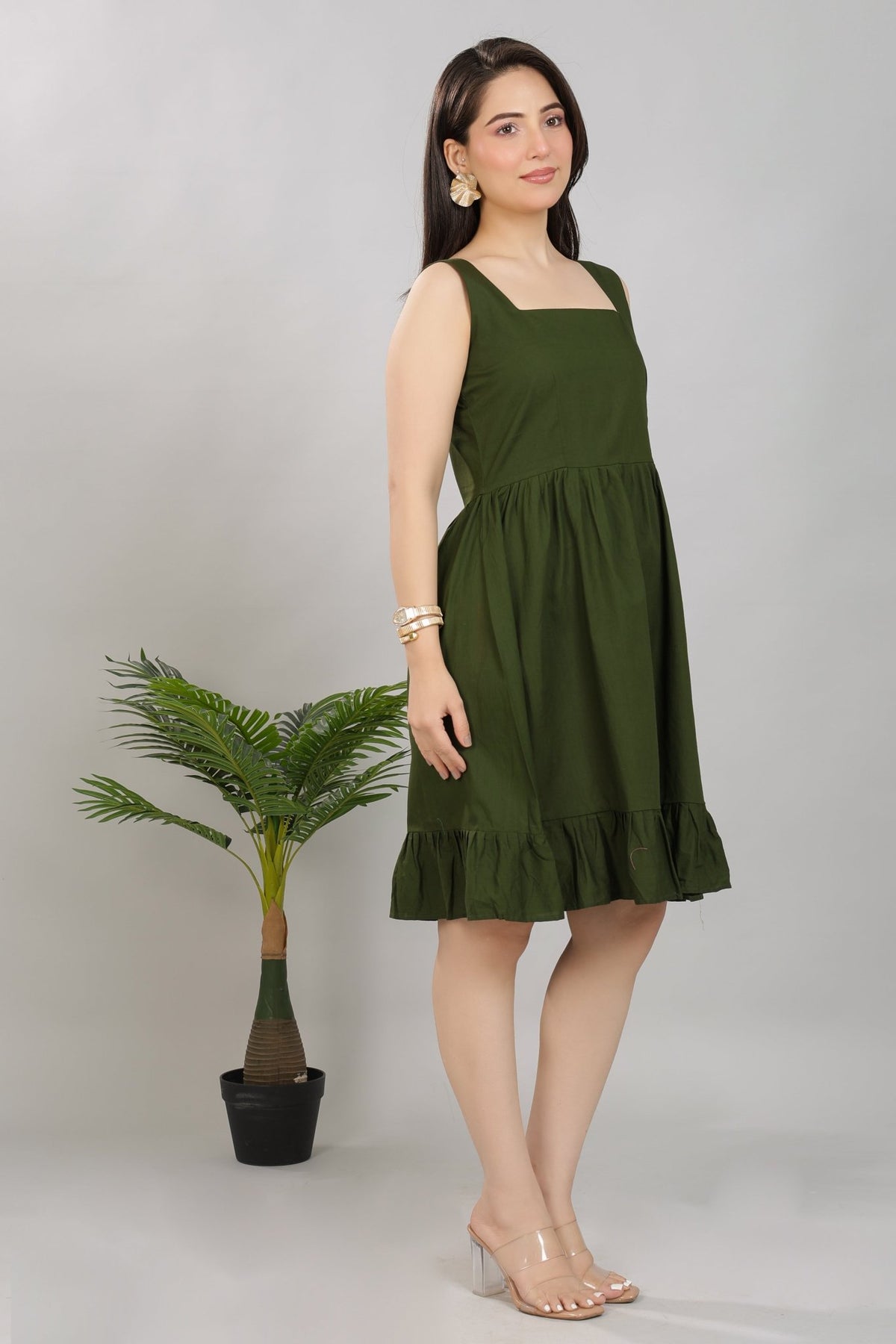 Olive square neck strap dress [100% pure cotton] -Cotton midi dress