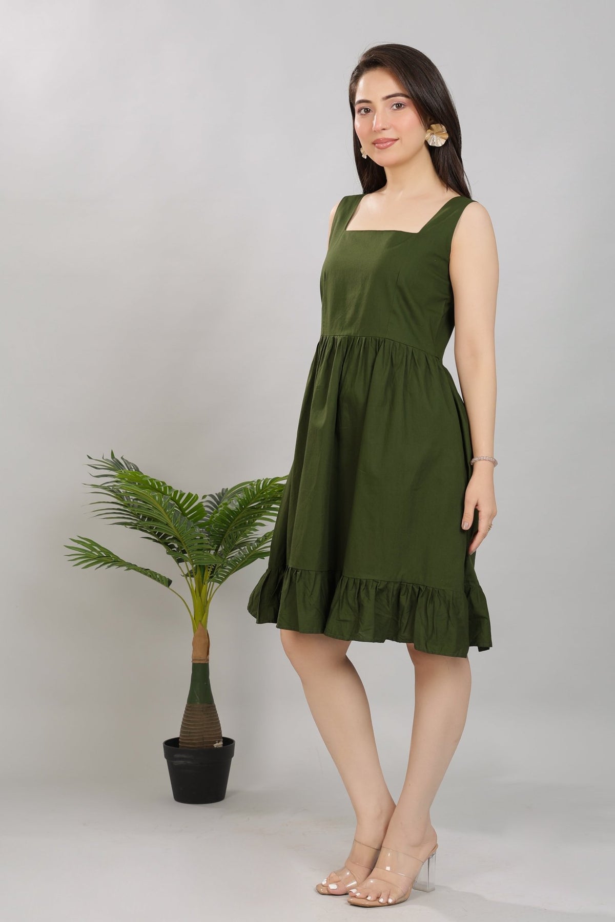 Olive square neck strap dress [100% pure cotton] -Cotton midi dress