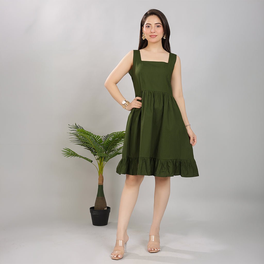 Olive square neck strap dress [100% pure cotton] -Cotton midi dress