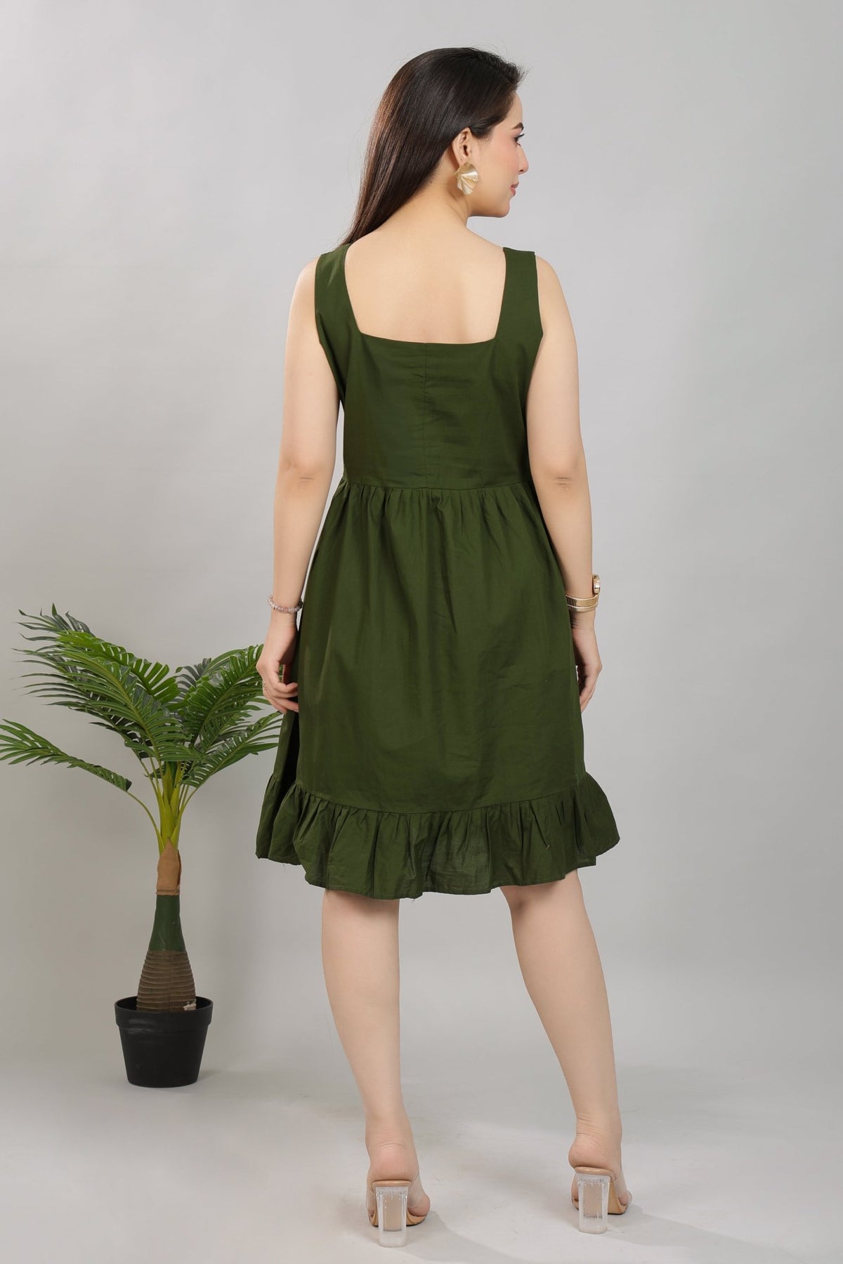 Olive square neck strap dress [100% pure cotton] -Cotton midi dress