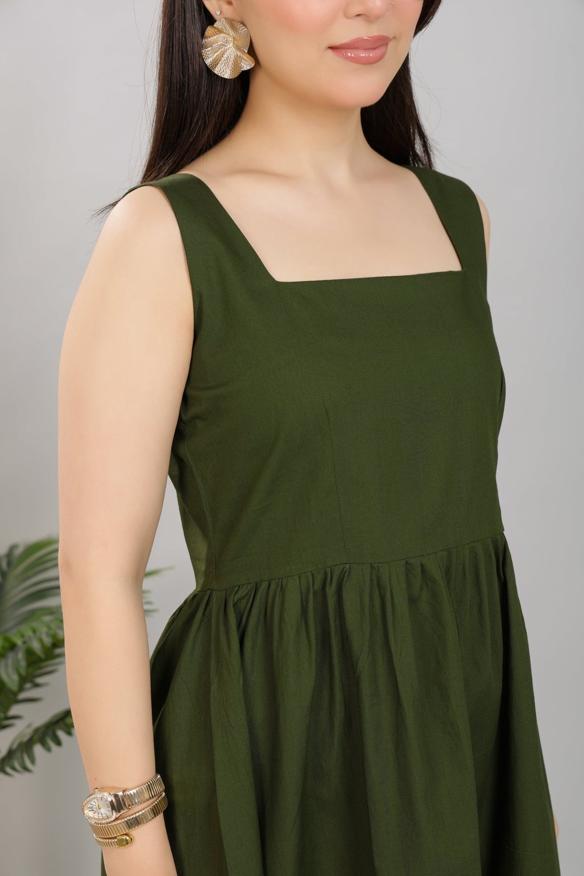 Olive square neck strap dress [100% pure cotton] -Cotton midi dress