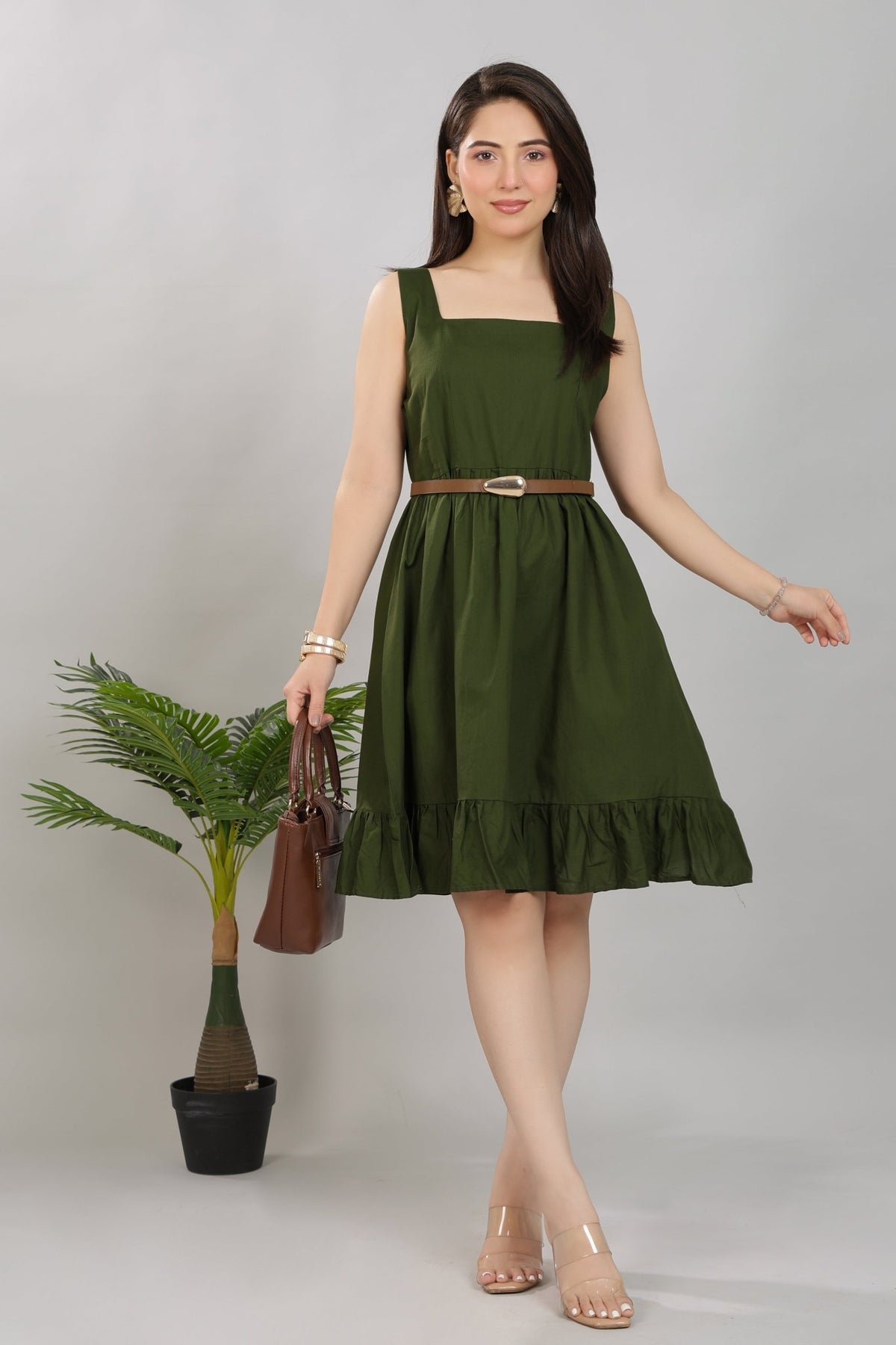 Olive square neck strap dress [100% pure cotton] -Cotton midi dress