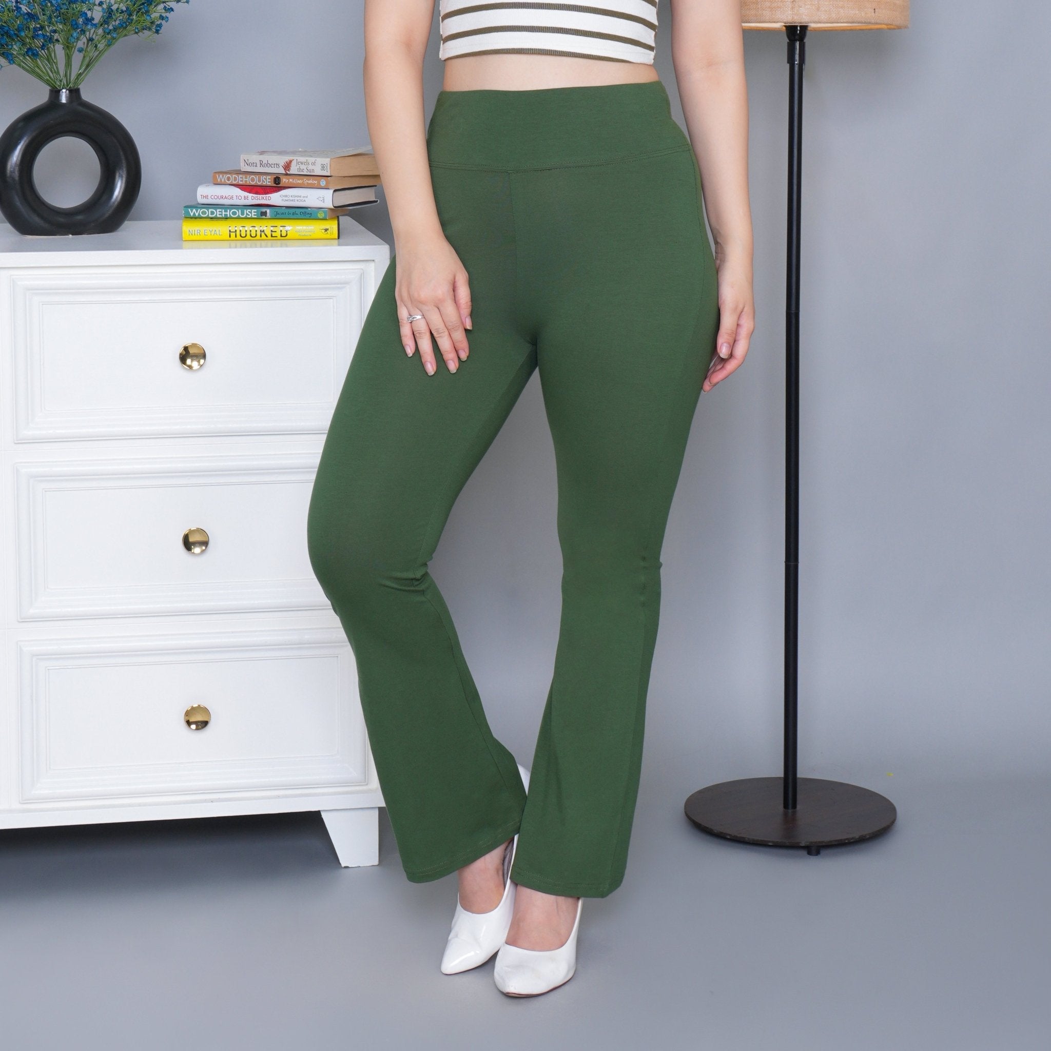 Olive stretchable biowash cotton lycra flare legging with superior elastic belt. - Cotton flare