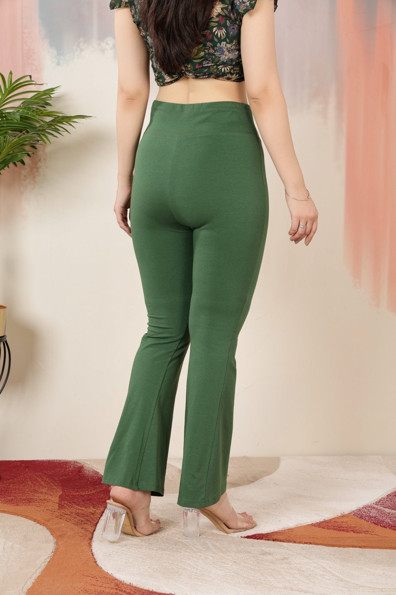 Olive stretchable biowash cotton lycra flare legging with superior elastic belt. -Cotton flare