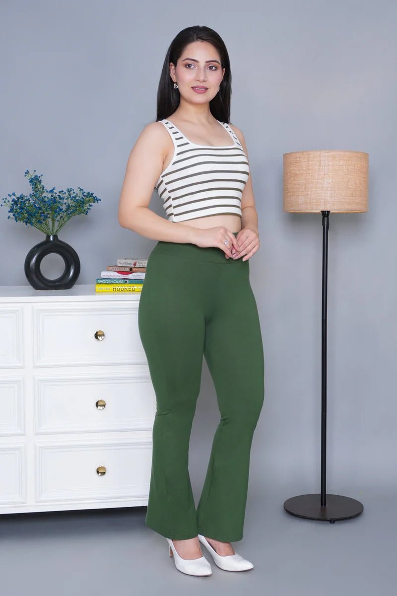 Olive stretchable biowash cotton lycra flare legging with superior elastic belt. -Cotton flare