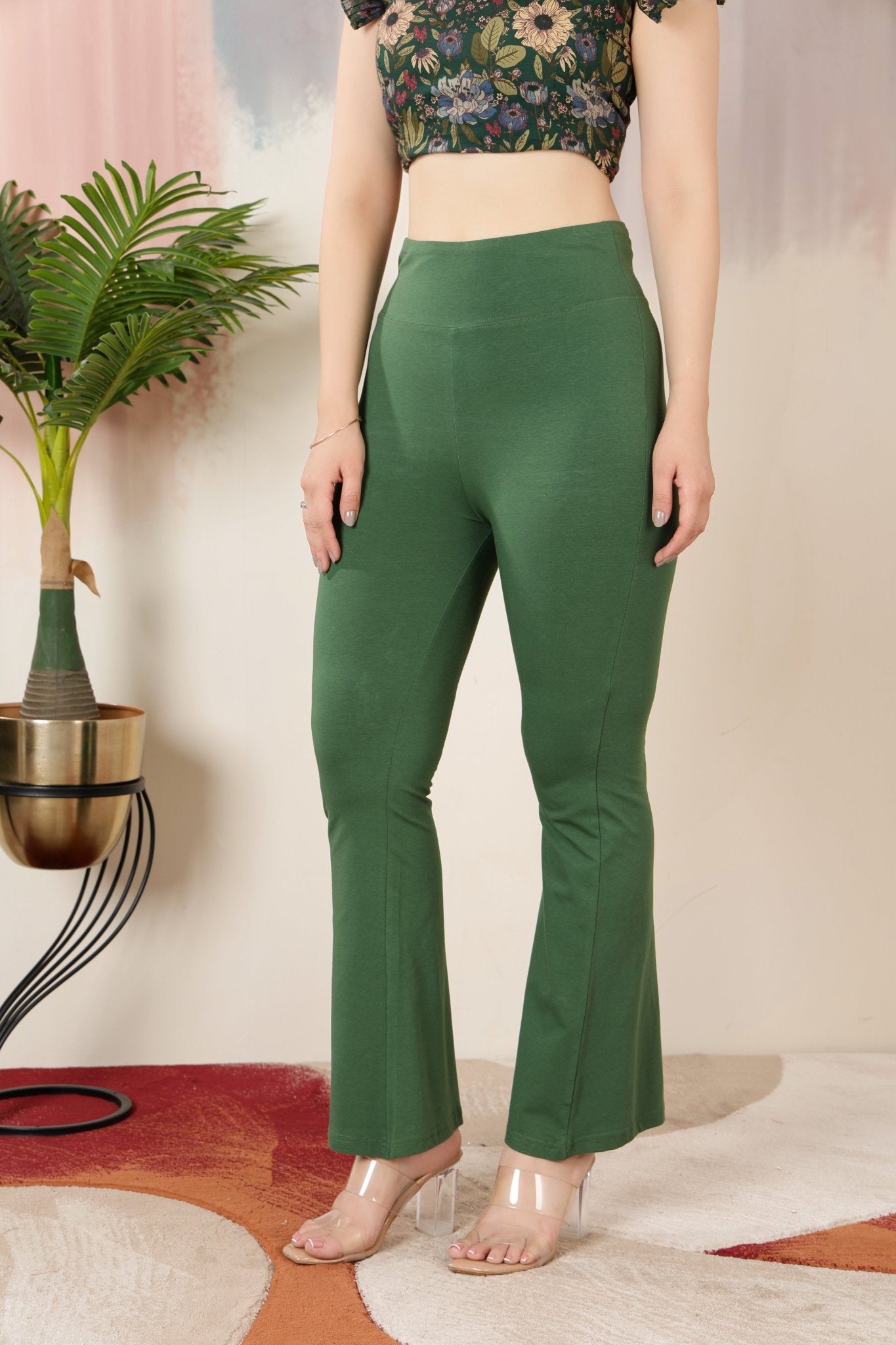 Olive stretchable biowash cotton lycra flare legging with superior elastic belt. -Cotton flare