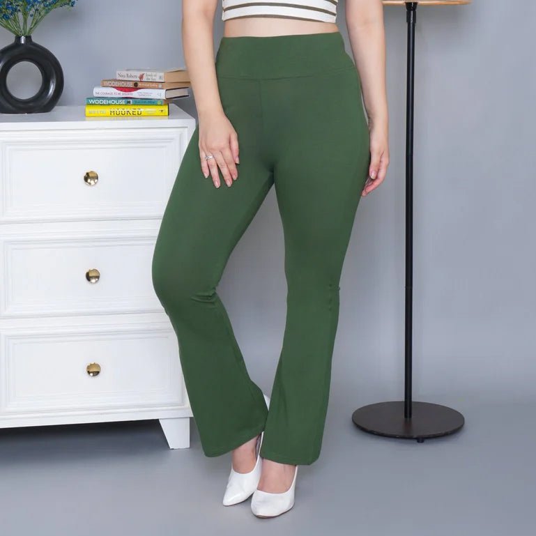 Olive stretchable biowash cotton lycra flare legging with superior elastic belt. -Cotton flare