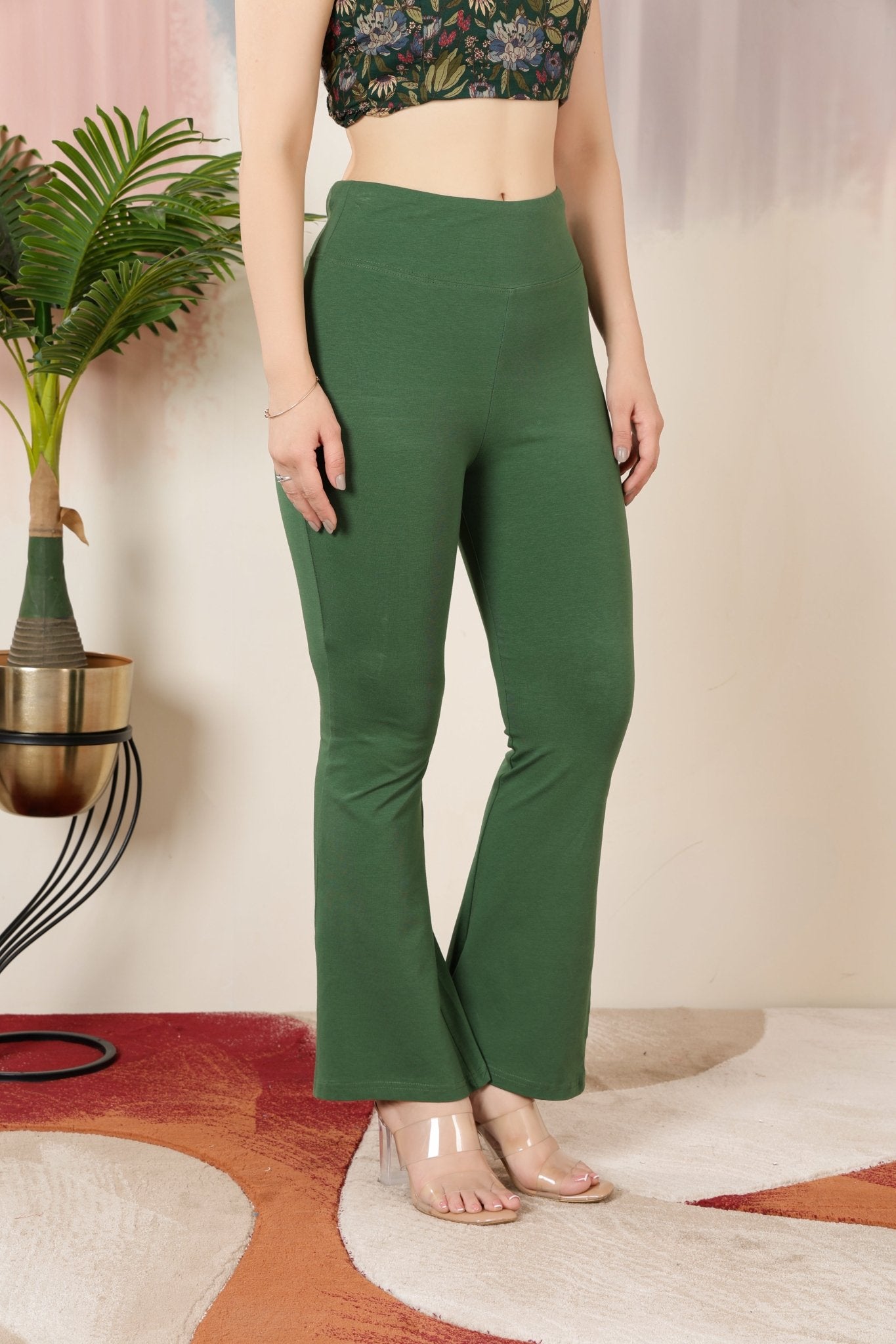 Olive stretchable biowash cotton lycra flare legging with superior elastic belt. -Cotton flare