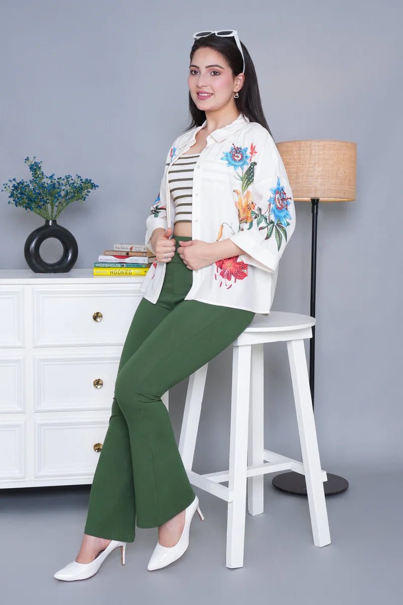 Olive stretchable biowash cotton lycra flare legging with superior elastic belt. -Cotton flare