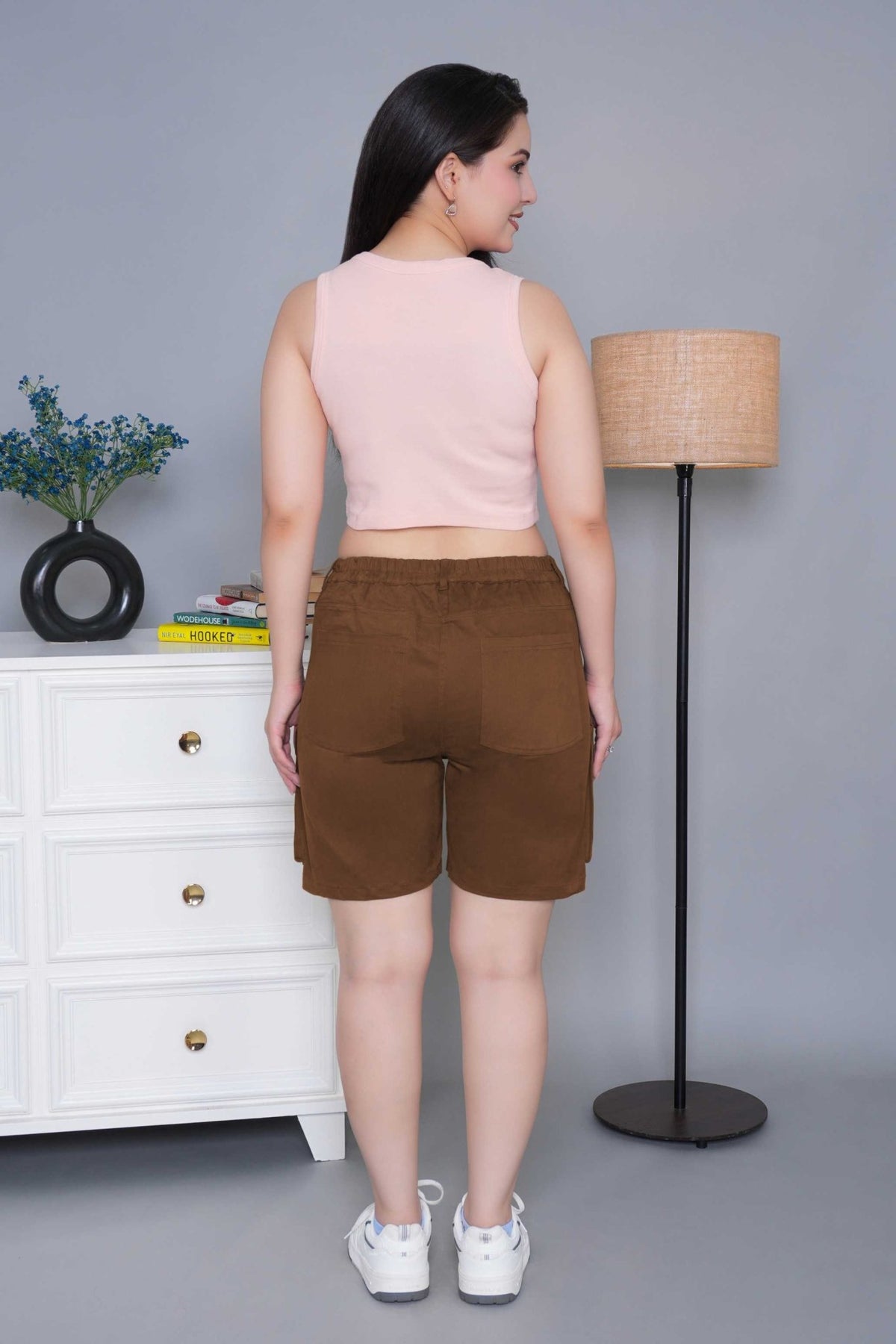 Olive stretchable biowash USA HQ cotton travel shorts with superior elastic belt. -Travel shorts