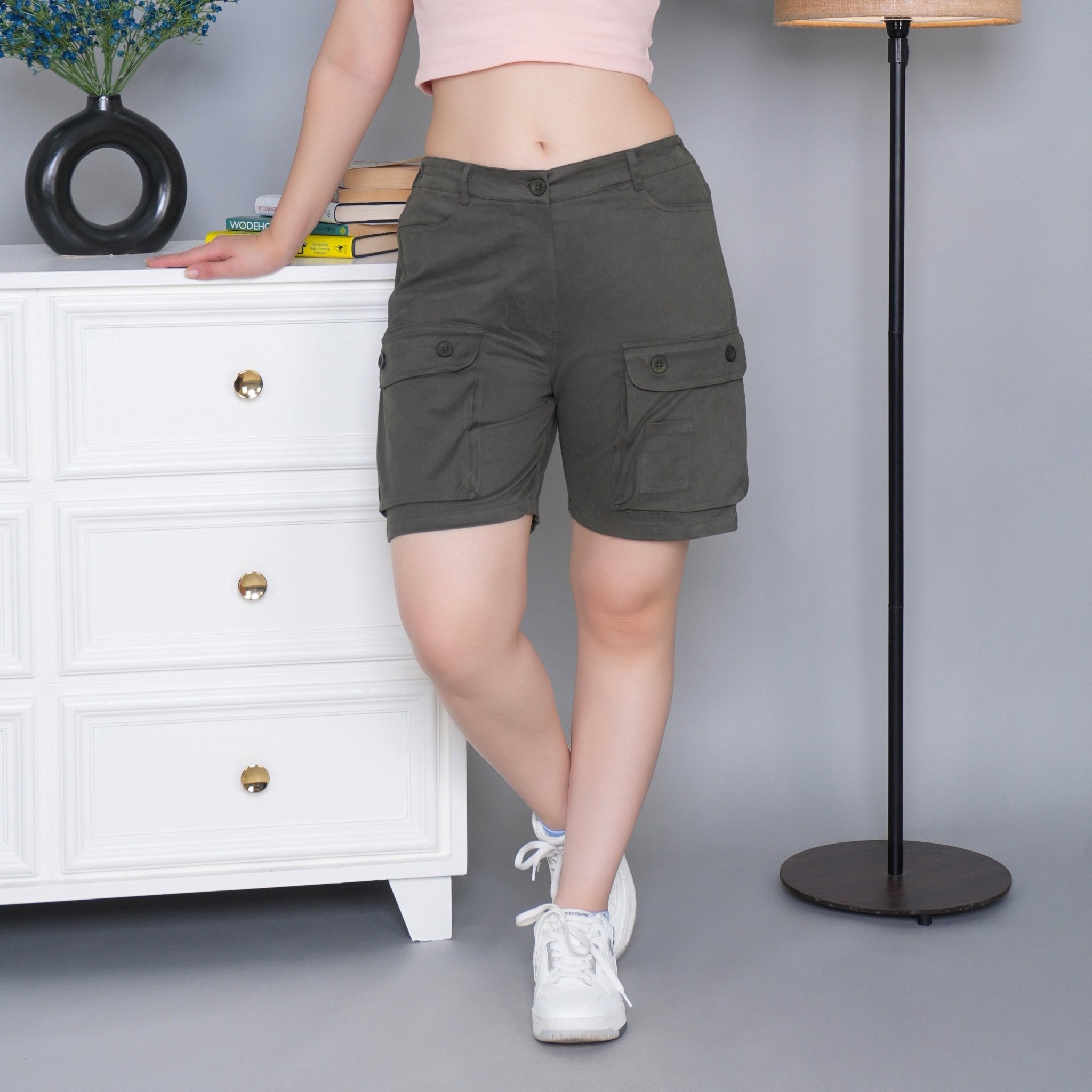 Olive stretchable biowash USA HQ cotton travel shorts with superior elastic belt. - Travel shorts