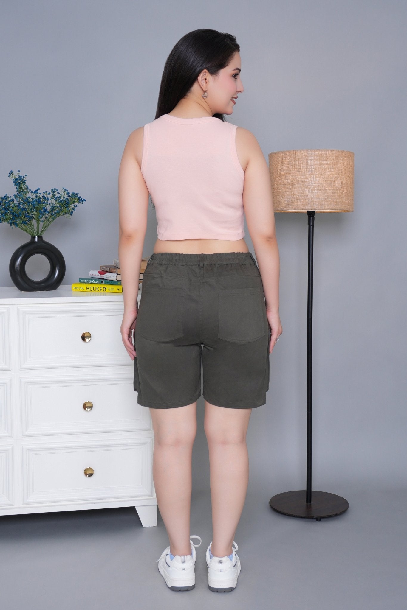 Olive stretchable biowash USA HQ cotton travel shorts with superior elastic belt. - Travel shorts