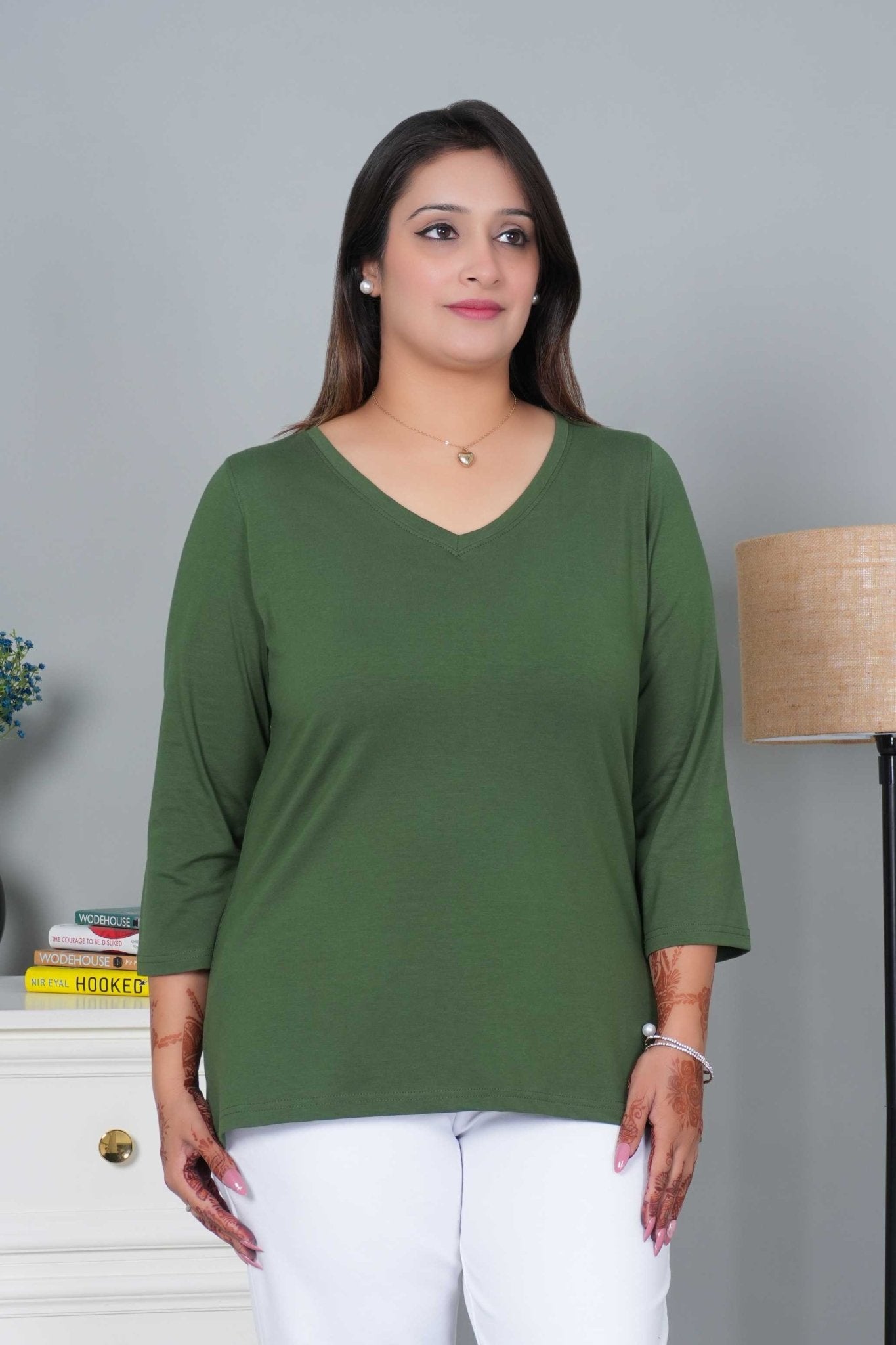 Olive V - neck cotton 3/4 sleeve t-shirt - Full sleeve v neck cotton t shirt