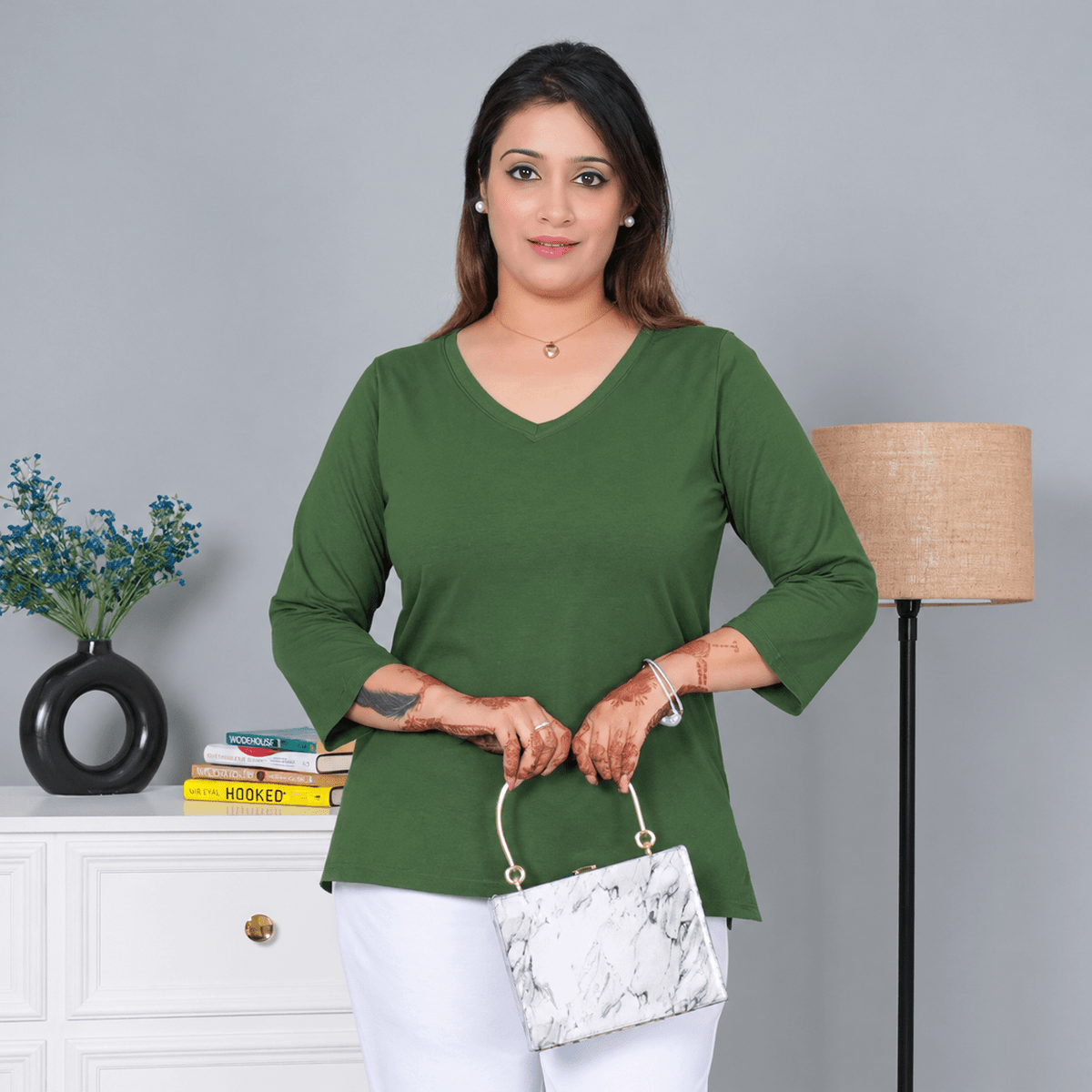 Olive V-neck cotton 3/4 sleeve t-shirt -Full sleeve v neck cotton t shirt