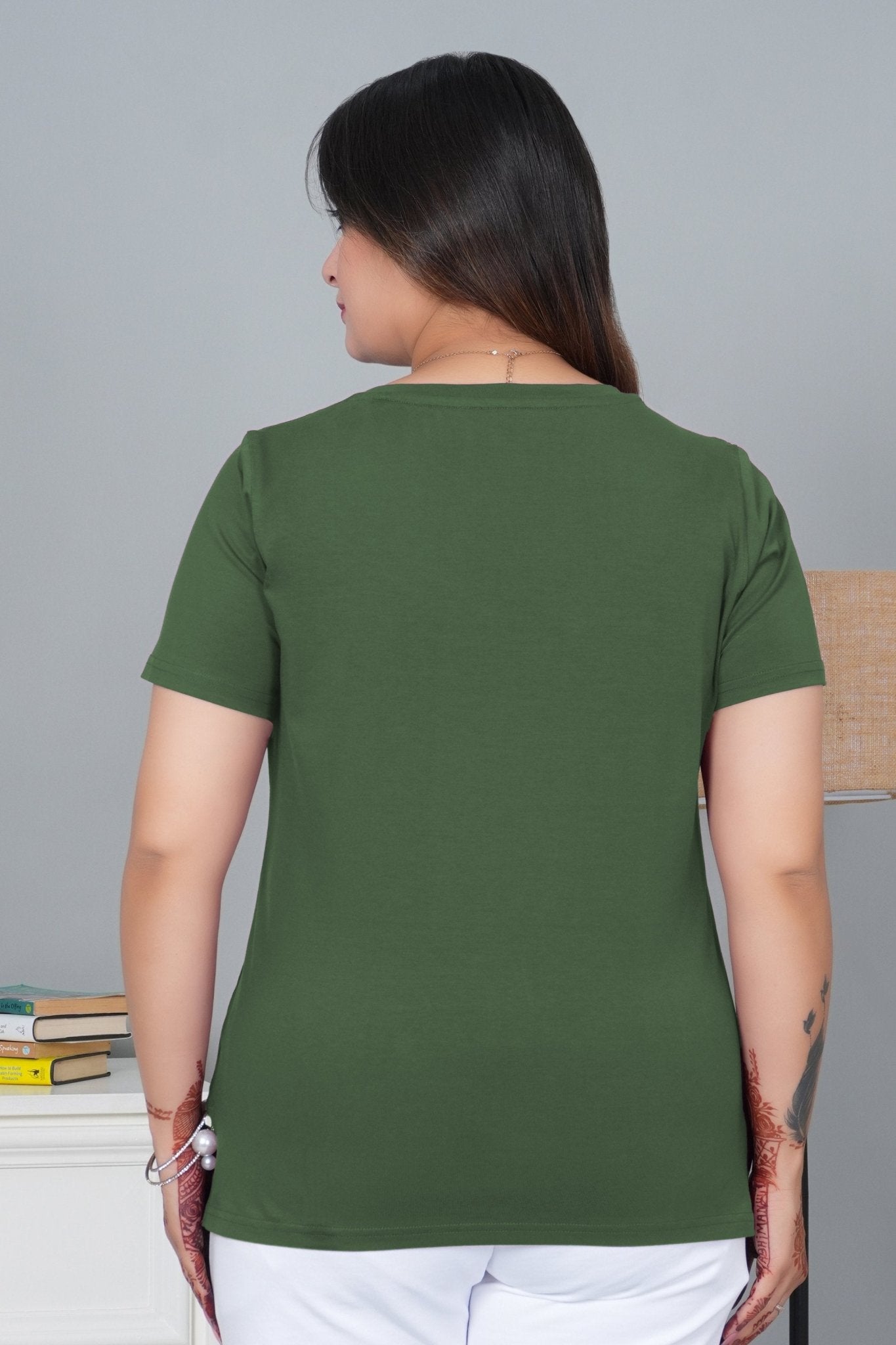 Olive V - neck half - sleeve cotton lycra t-shirt - Cotton half sleeve v neck t-shirt