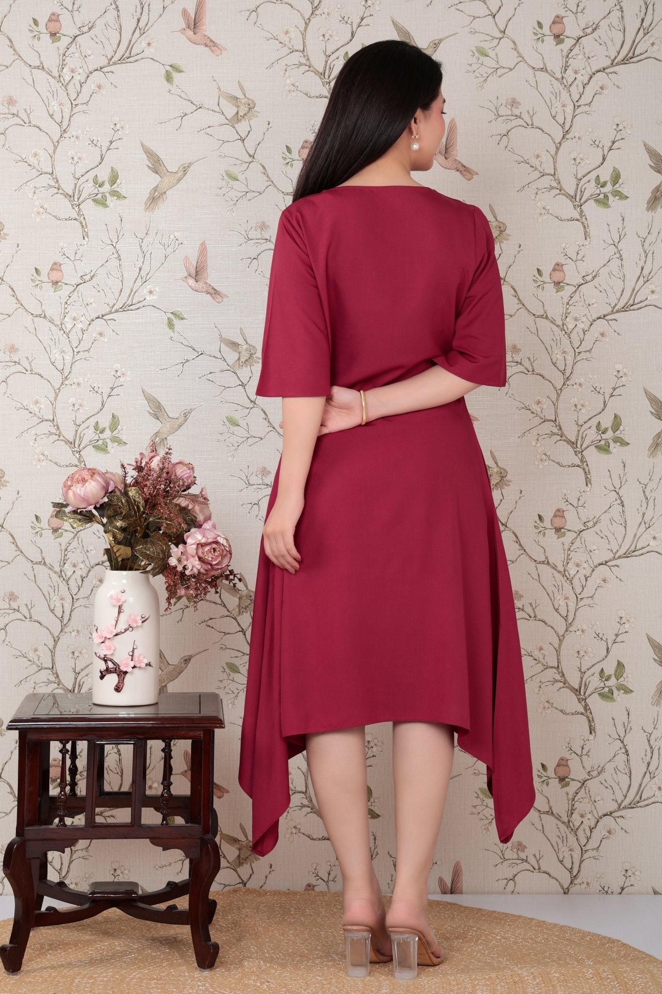Onion v-neck line dress with sleeves [ Premium 100% Rayon, Liva Certified ] -Rayon flare dress with pocket