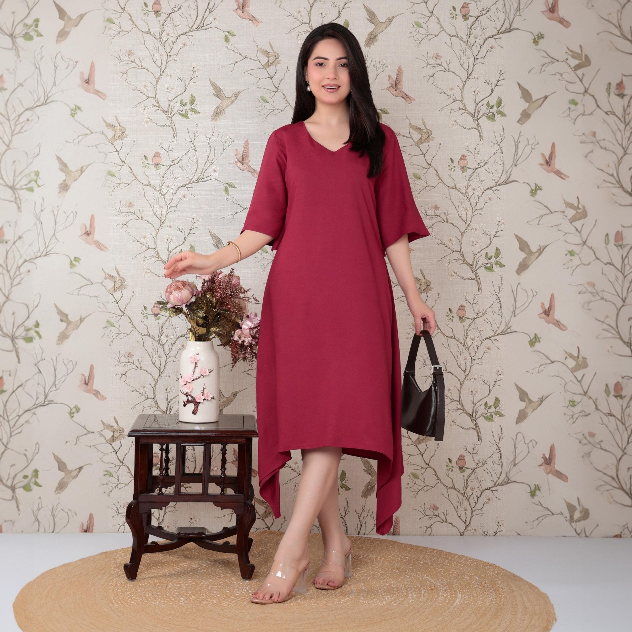 Onion v-neck line dress with sleeves [ Premium 100% Rayon, Liva Certified ] -Rayon flare dress with pocket