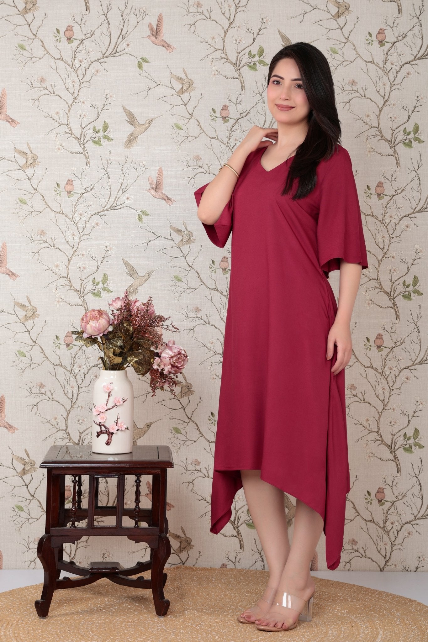 Onion v-neck line dress with sleeves [ Premium 100% Rayon, Liva Certified ] -Rayon flare dress with pocket