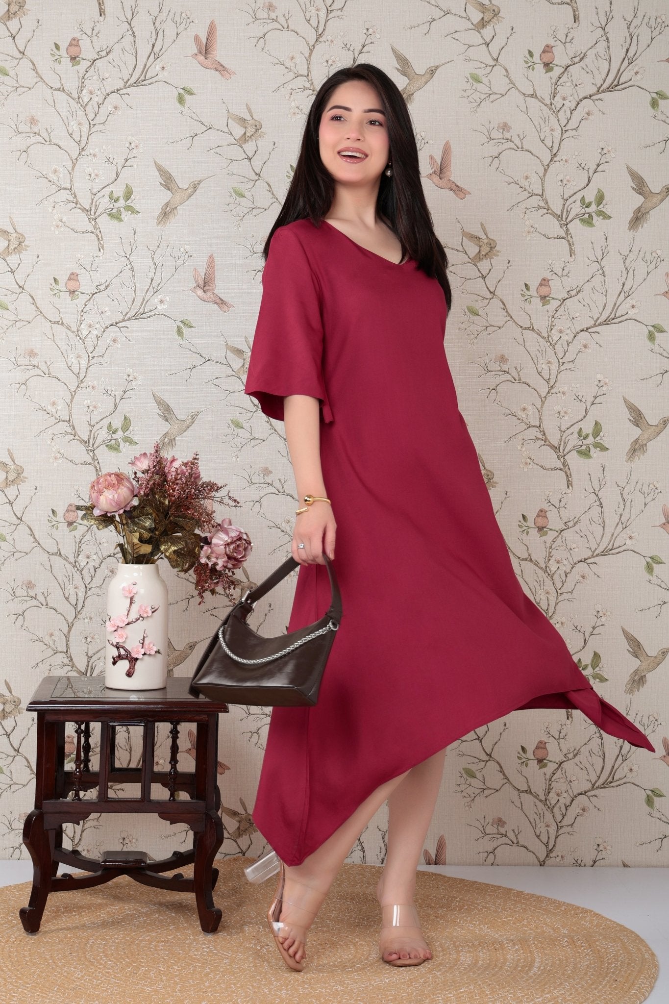 Onion v-neck line dress with sleeves [ Premium 100% Rayon, Liva Certified ] -Rayon flare dress with pocket