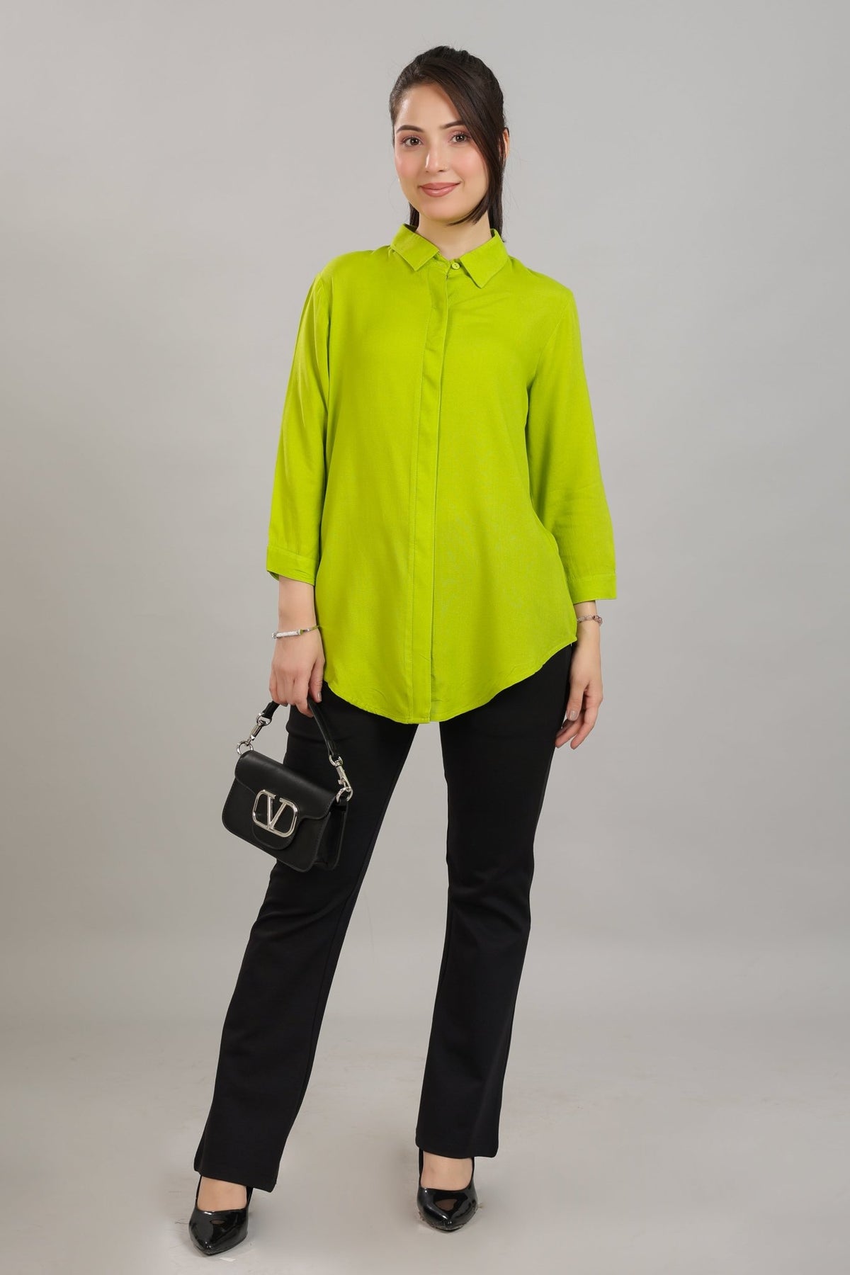 Parrot green long hemline shirt [ 100% Rayon, Liva Certified ] -Long hemline shirt