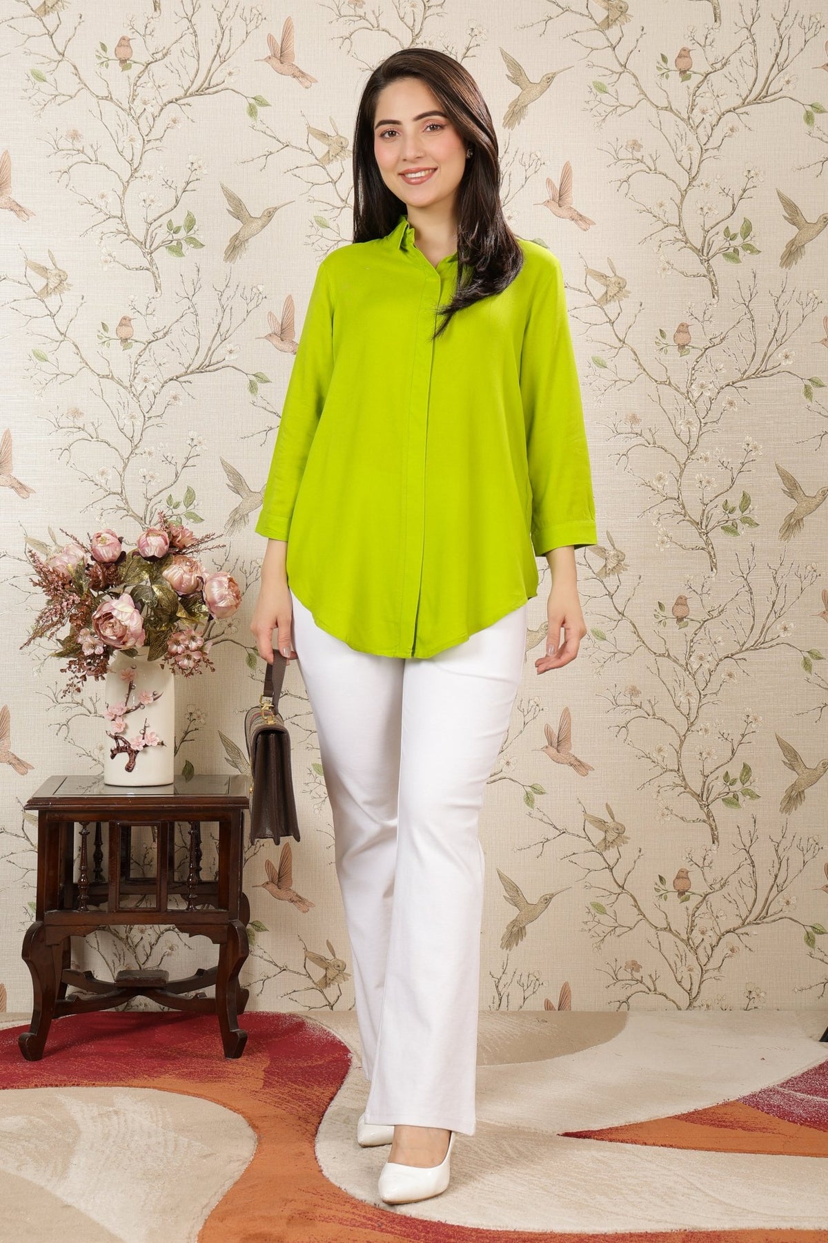 Parrot green long hemline shirt [ 100% Rayon, Liva Certified ] -Long hemline shirt
