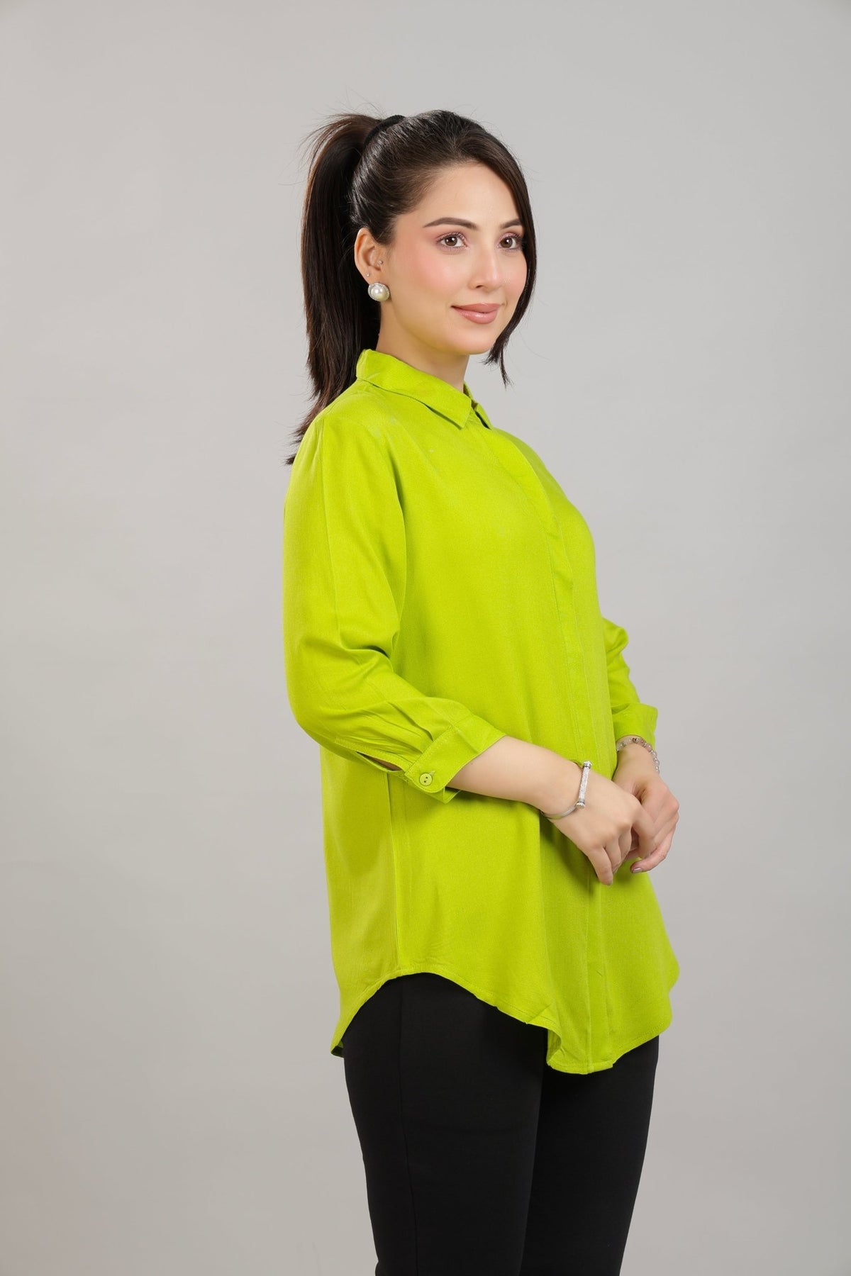Parrot green long hemline shirt [ 100% Rayon, Liva Certified ] -Long hemline shirt