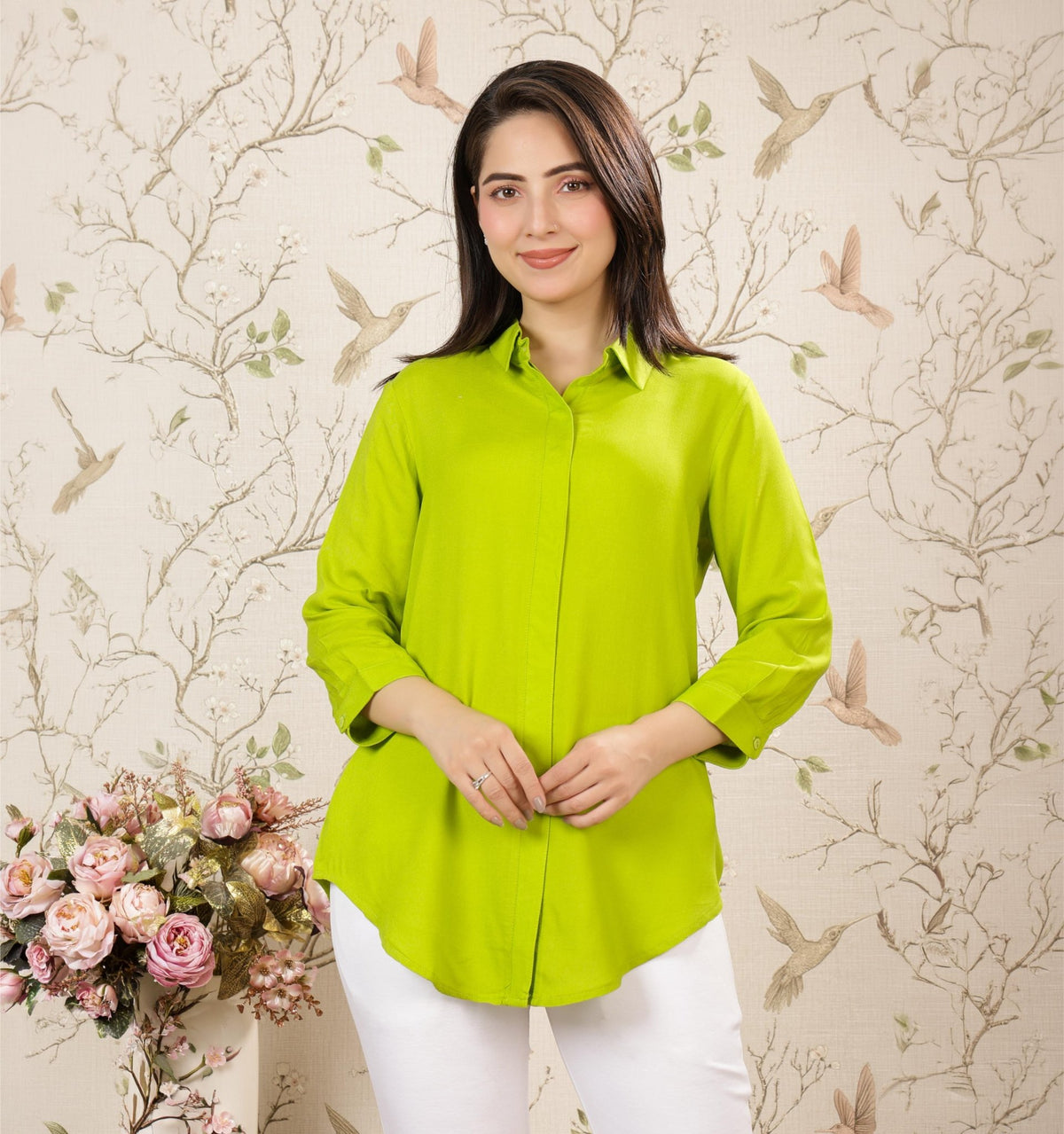 Parrot green long hemline shirt [ 100% Rayon, Liva Certified ] -Long hemline shirt