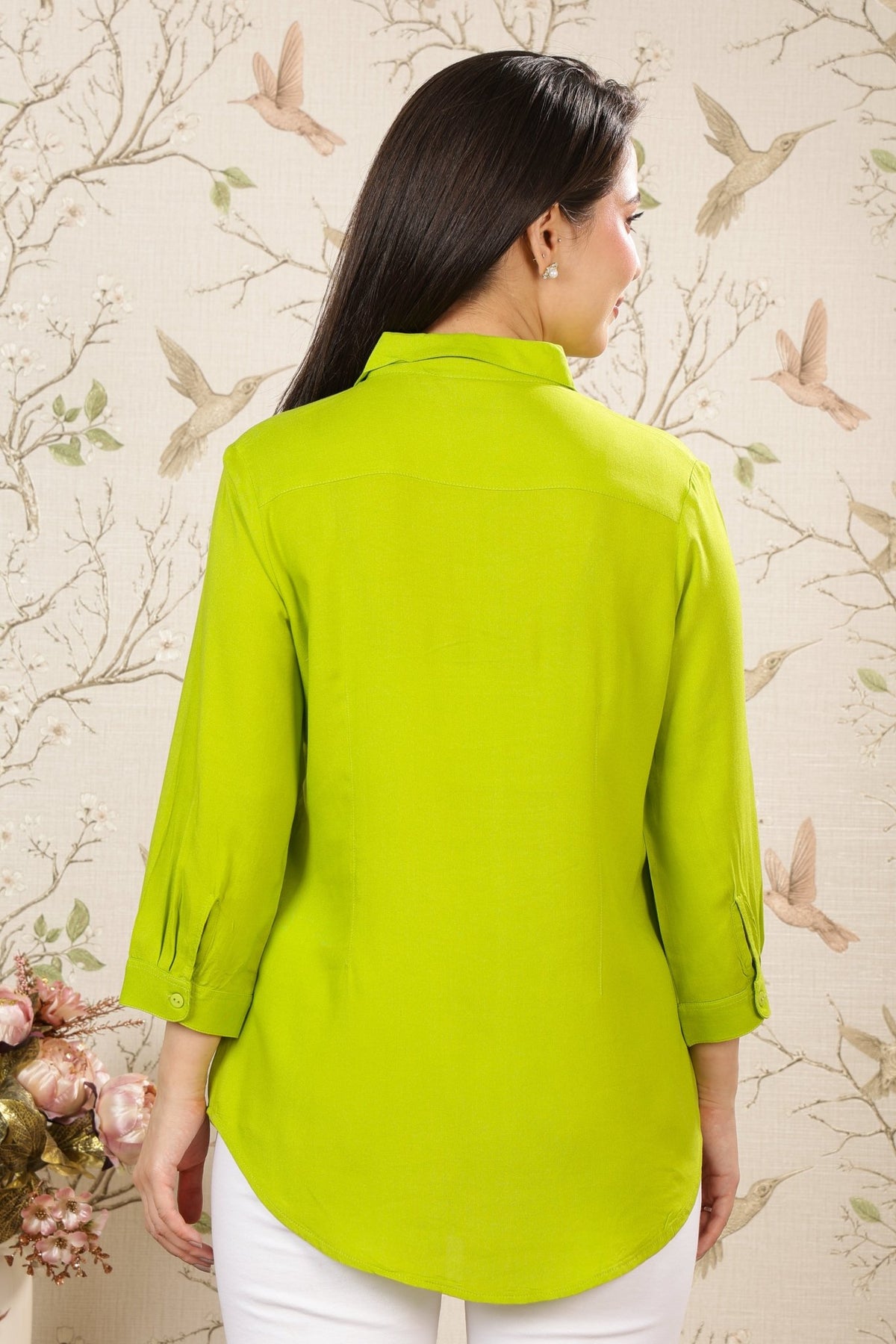 Parrot green long hemline shirt [ 100% Rayon, Liva Certified ] -Long hemline shirt