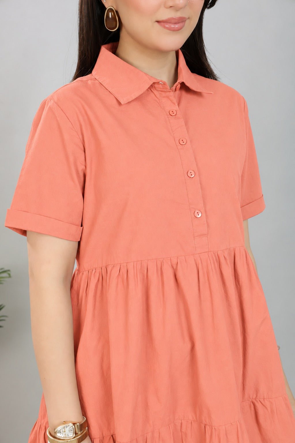 Peach collar flare dress [100% pure cotton] -Cotton midi dress