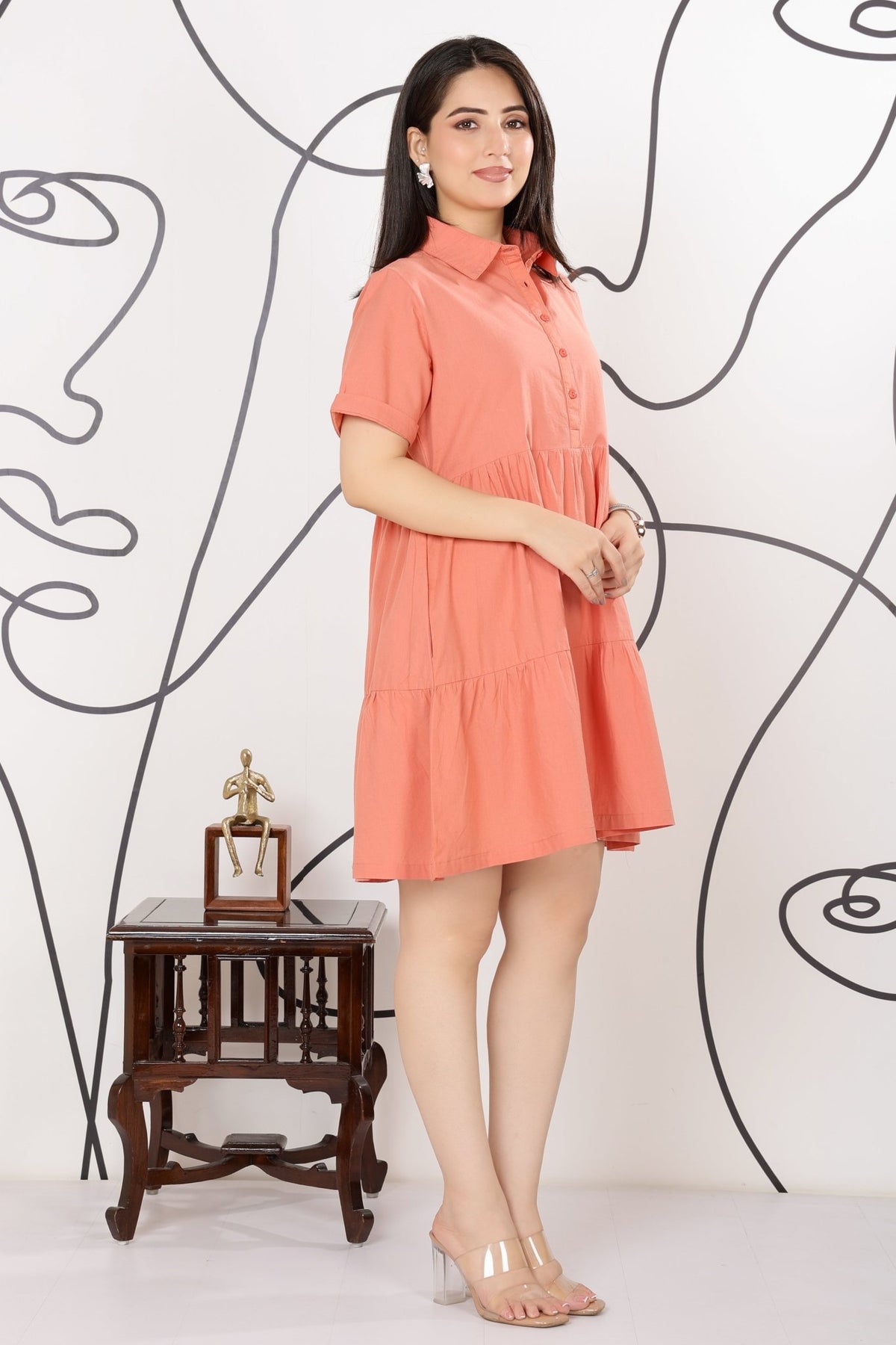 Peach collar flare dress [100% pure cotton] -Cotton midi dress