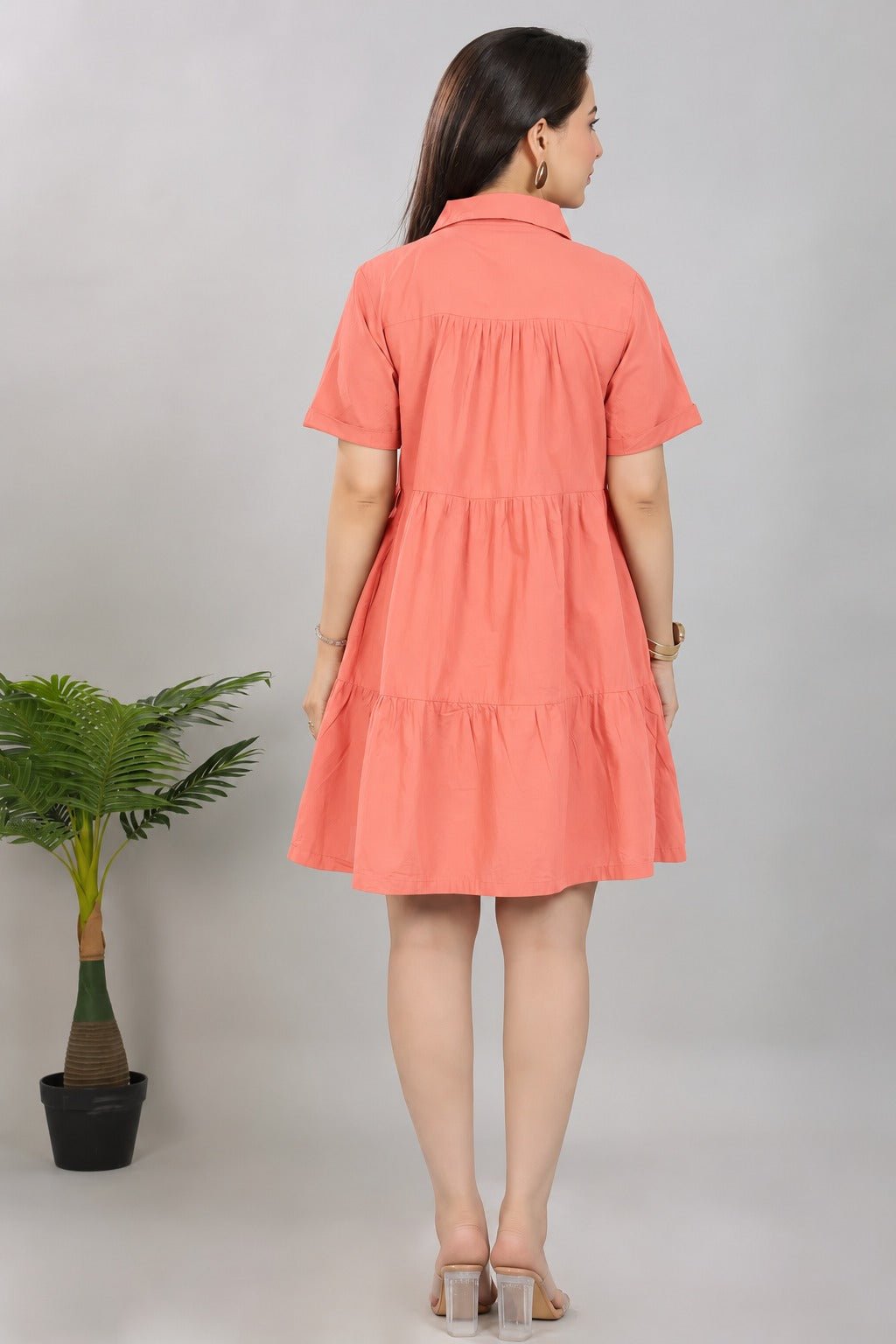 Peach collar flare dress [100% pure cotton] -Cotton midi dress