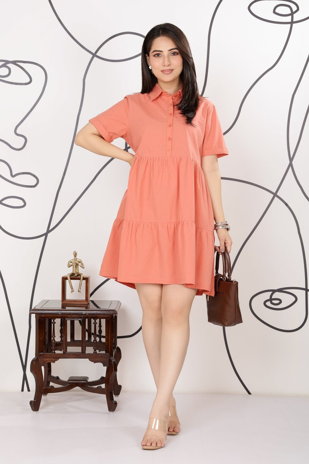 Peach collar flare dress [100% pure cotton] -Cotton midi dress
