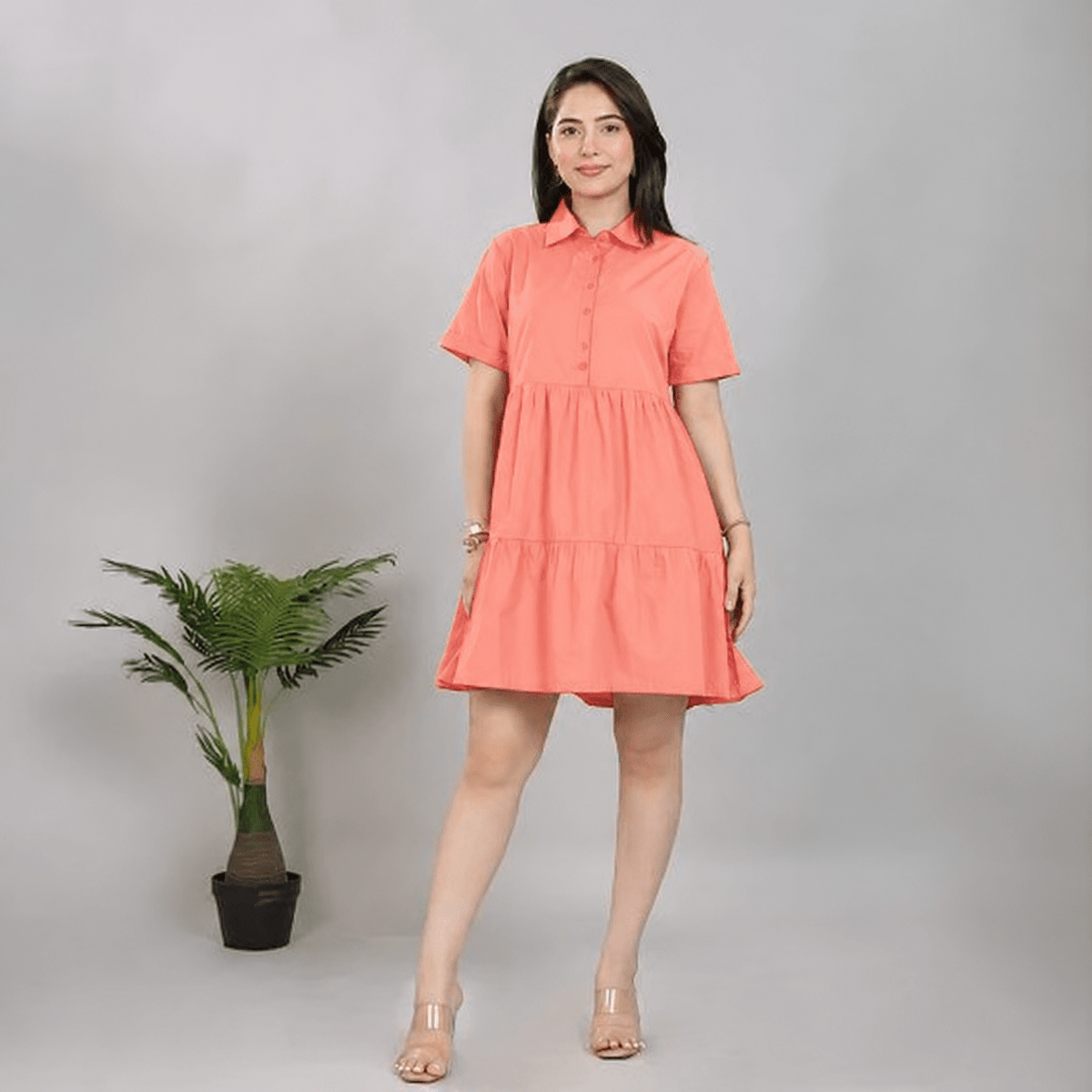 Peach collar flare dress [100% pure cotton] -Cotton midi dress