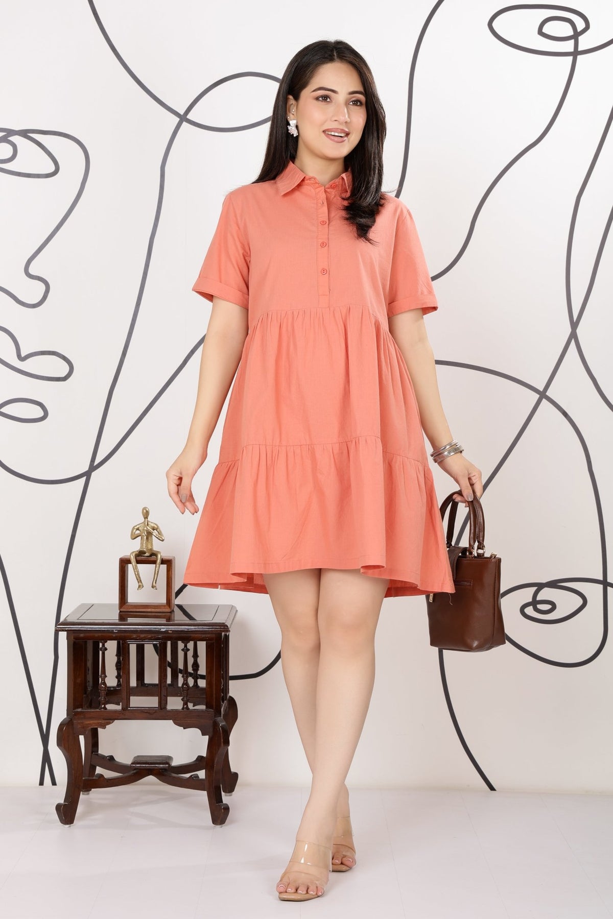 Peach collar flare dress [100% pure cotton] -Cotton midi dress