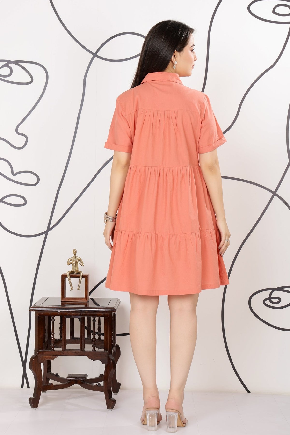 Peach collar flare dress [100% pure cotton] -Cotton midi dress