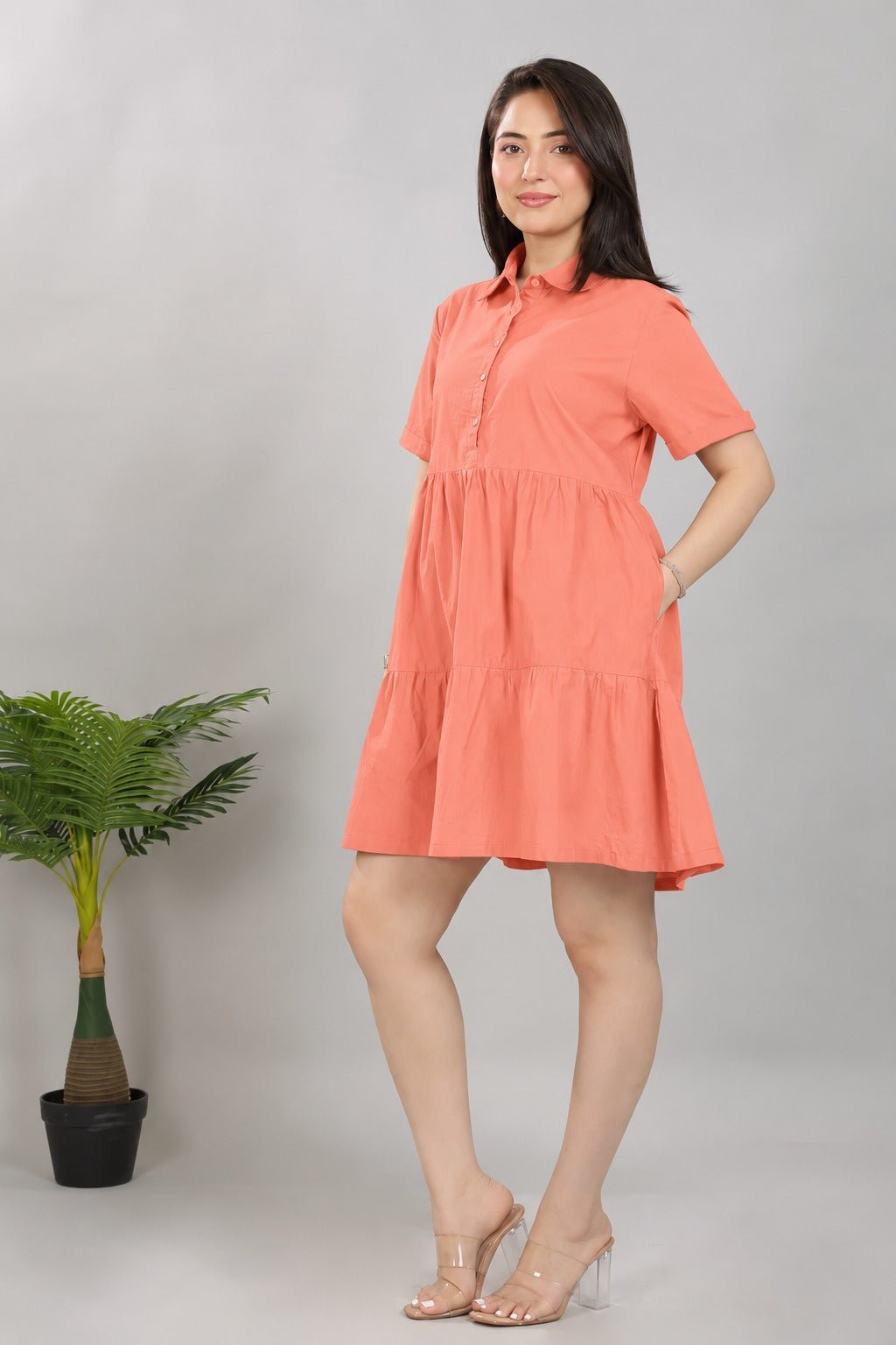 Peach collar flare dress [100% pure cotton] -Cotton midi dress
