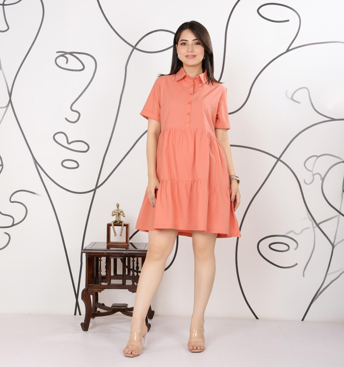 Peach collar flare dress [100% pure cotton] -Cotton midi dress