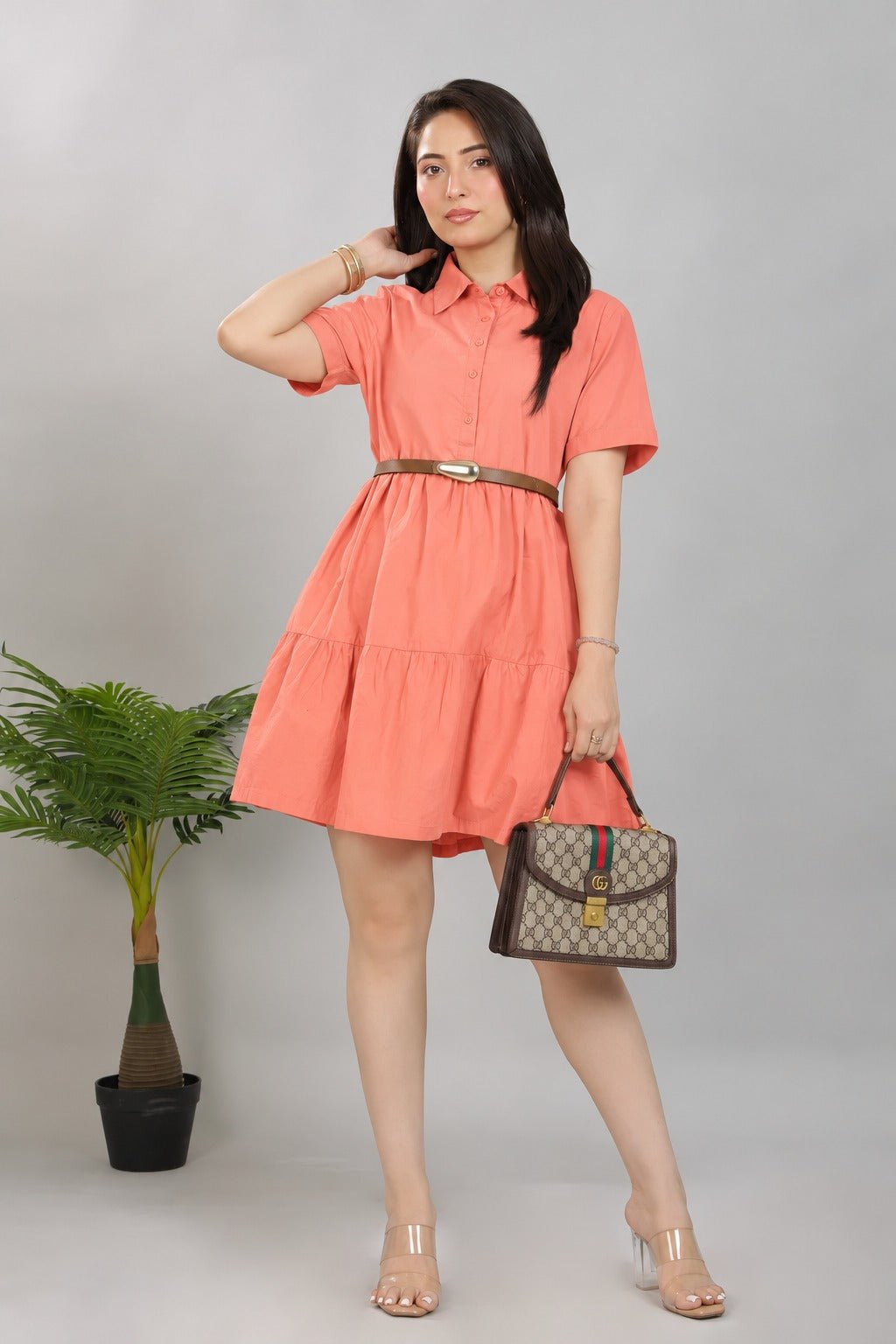 Peach collar flare dress [100% pure cotton] -Cotton midi dress
