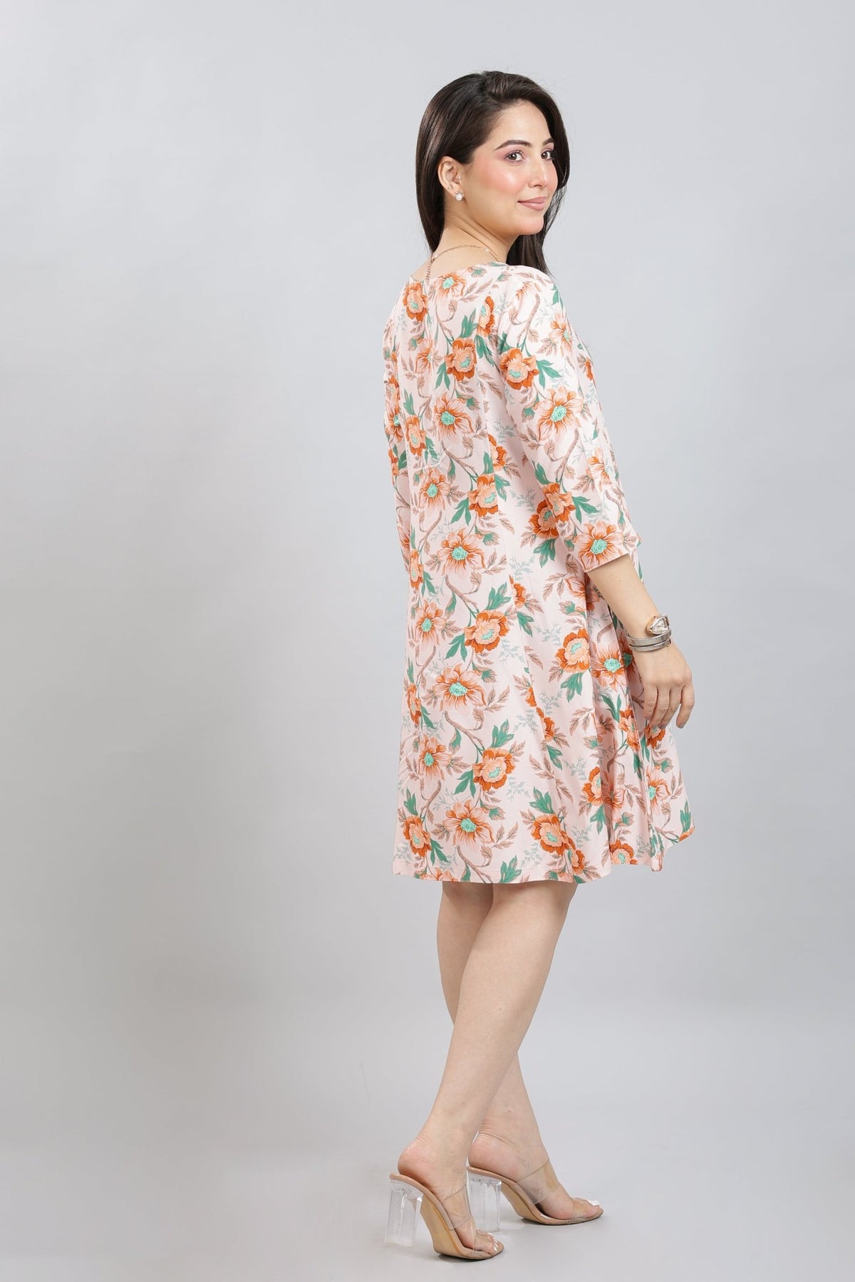 Peach Floral Bliss Dress [100% pure rayon] -Cotton midi dress