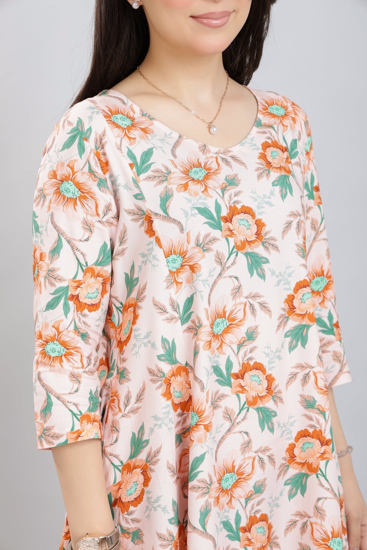 Peach Floral Bliss Dress [100% pure rayon] -Cotton midi dress