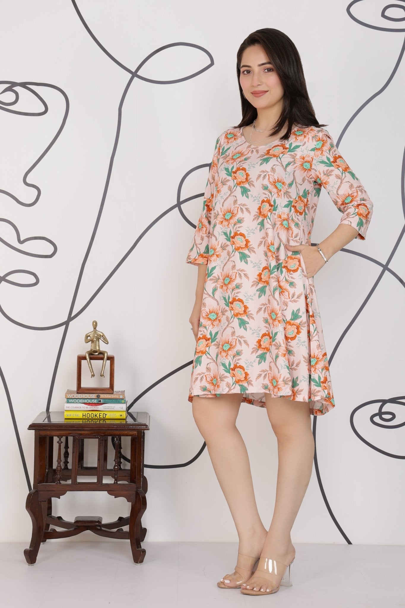 Peach Floral Bliss Dress [100% pure rayon] -Cotton midi dress