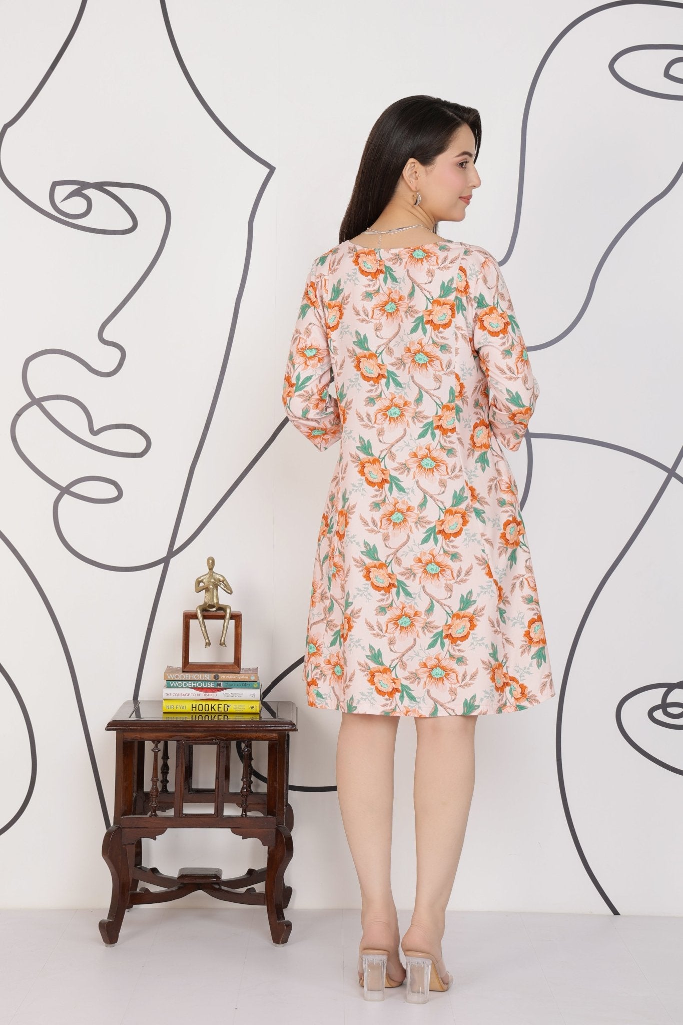 Peach Floral Bliss Dress [100% pure rayon] -Cotton midi dress