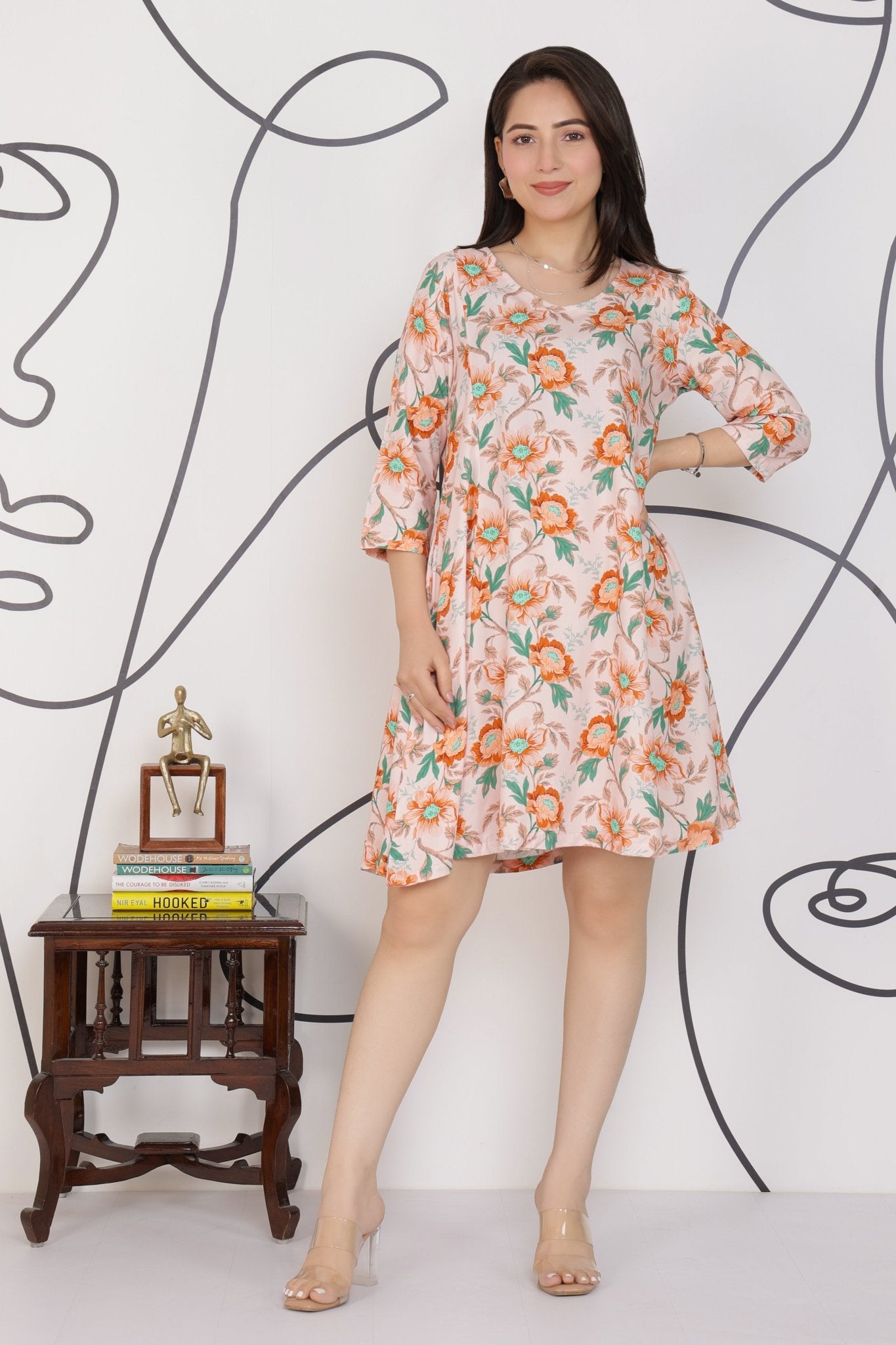 Peach Floral Bliss Dress [100% pure rayon] -Cotton midi dress