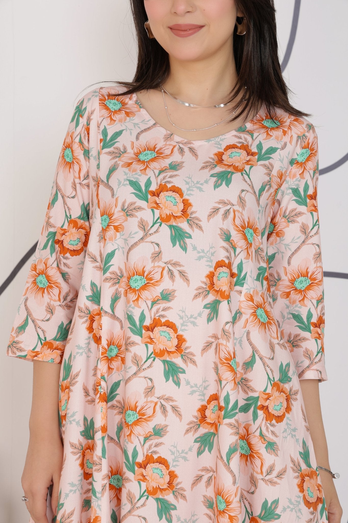 Peach Floral Bliss Dress [100% pure rayon] -Cotton midi dress