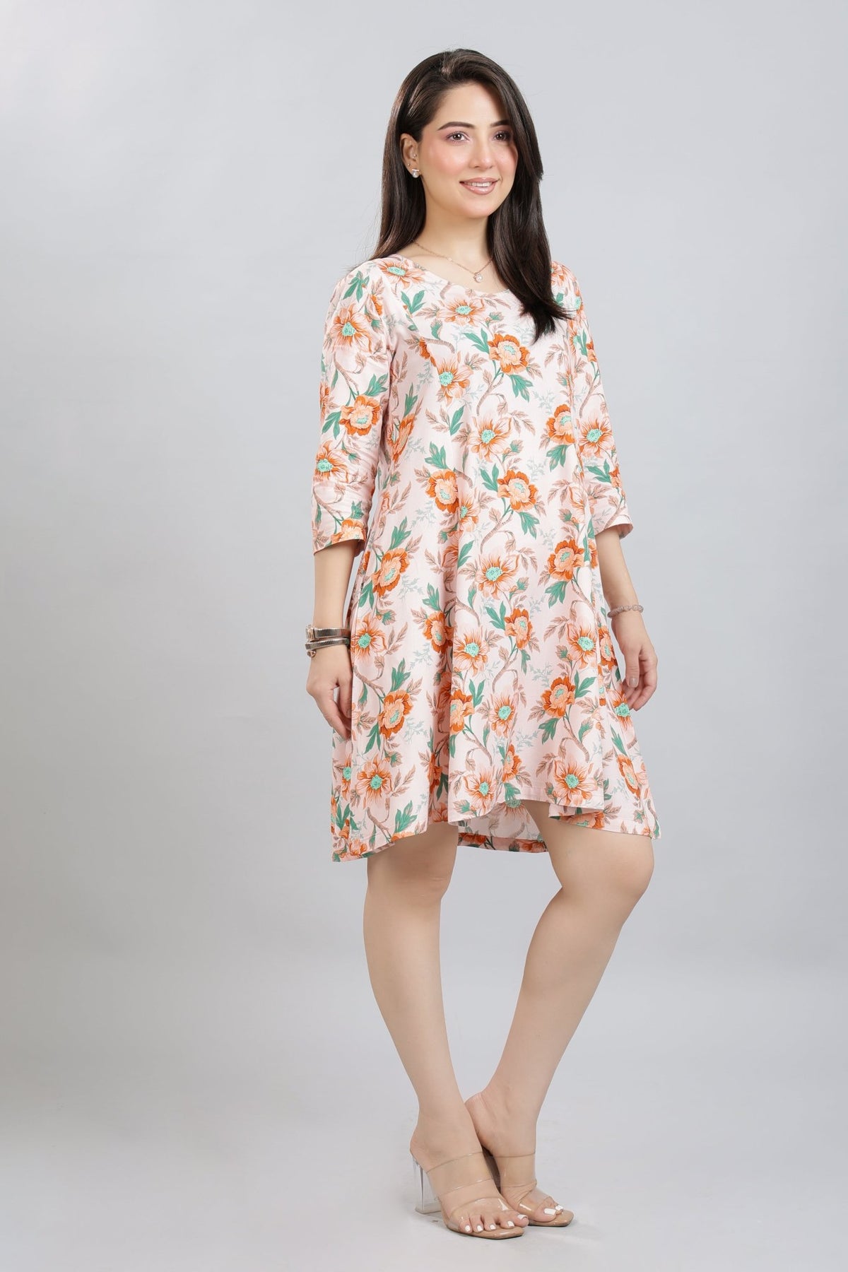 Peach Floral Bliss Dress [100% pure rayon] -Cotton midi dress