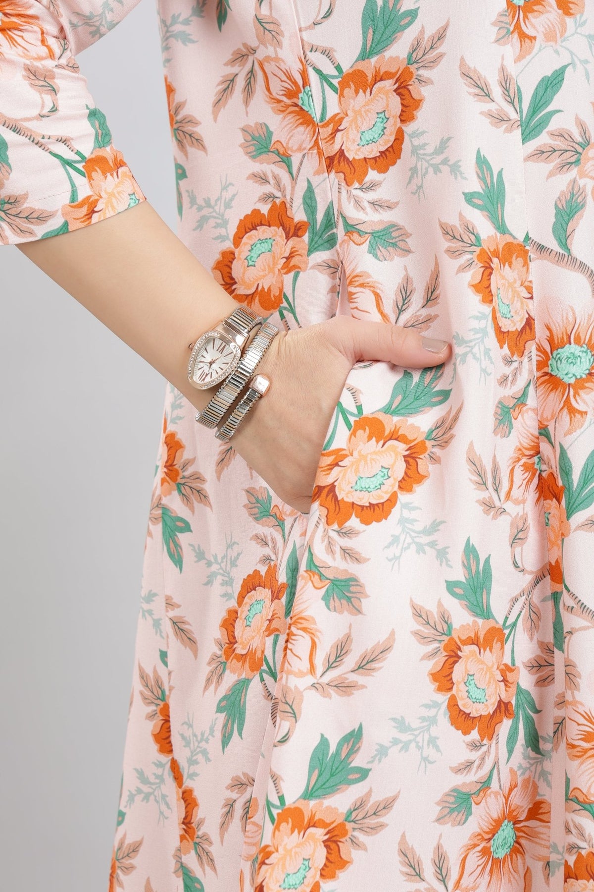 Peach Floral Bliss Dress [100% pure rayon] -Cotton midi dress