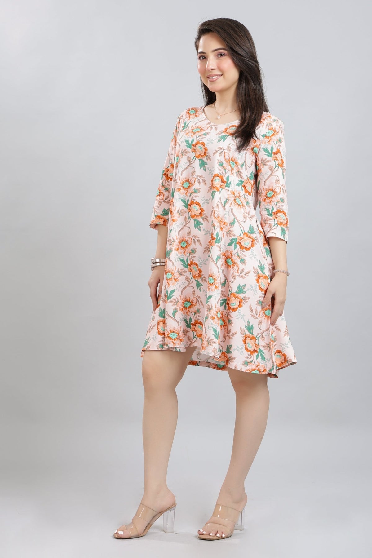 Peach Floral Bliss Dress [100% pure rayon] -Cotton midi dress